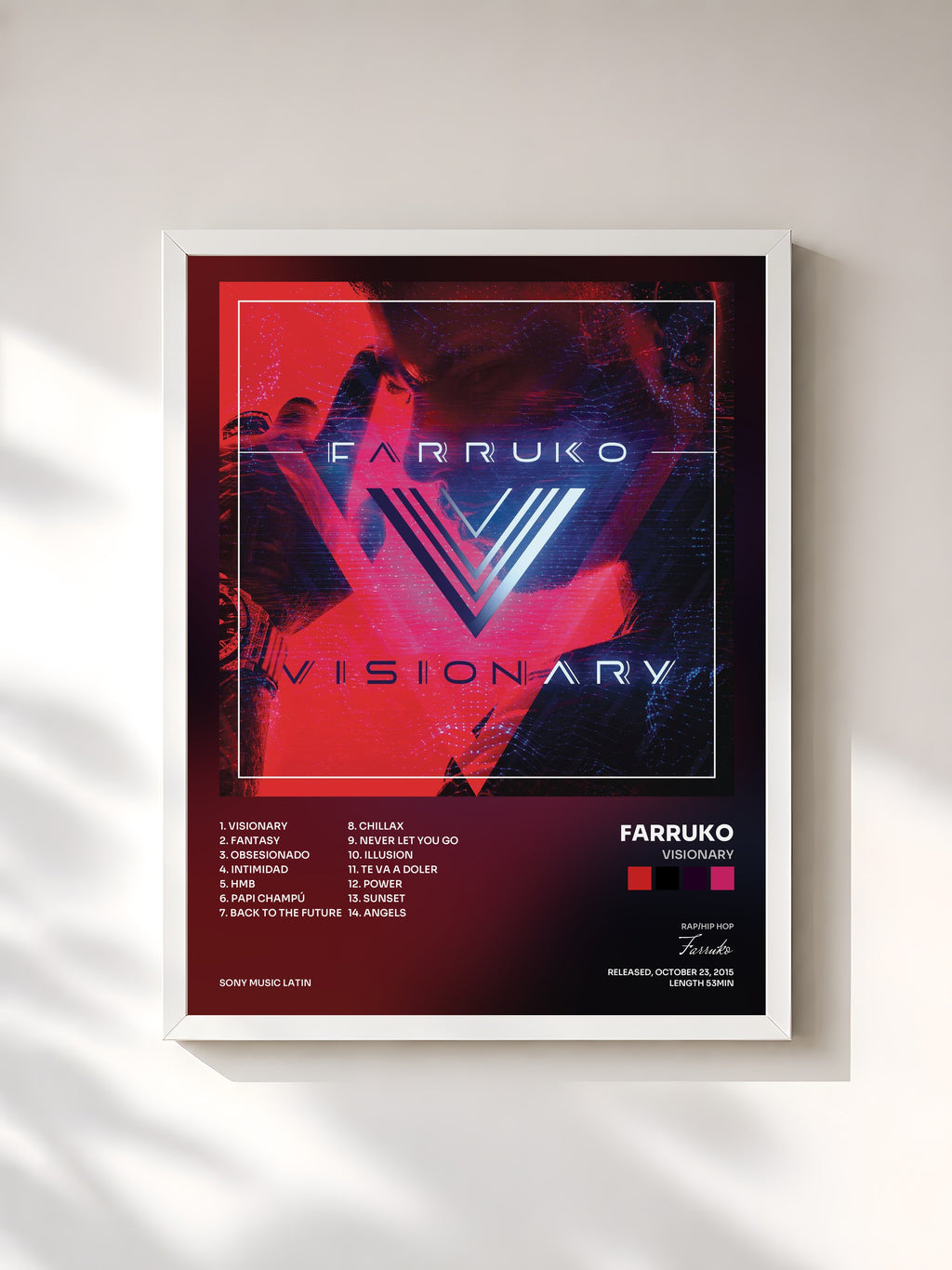 #blanc Tableau de l'album Visionary de Farruko, cadre blanc, imprimé et encadré en France