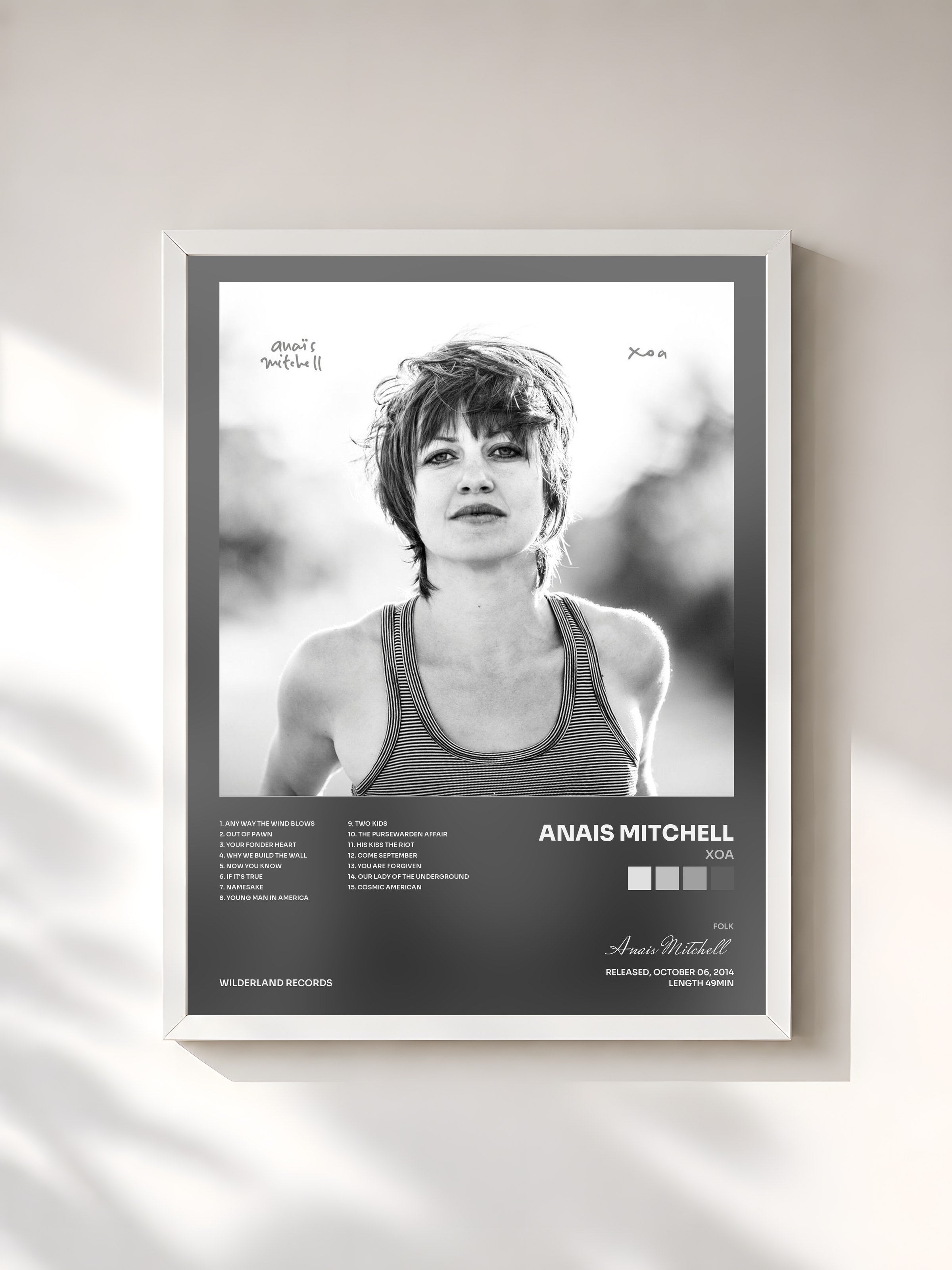 #blanc Tableau de l'album xoa de Anais Mitchell, cadre blanc, imprimé et encadré en France