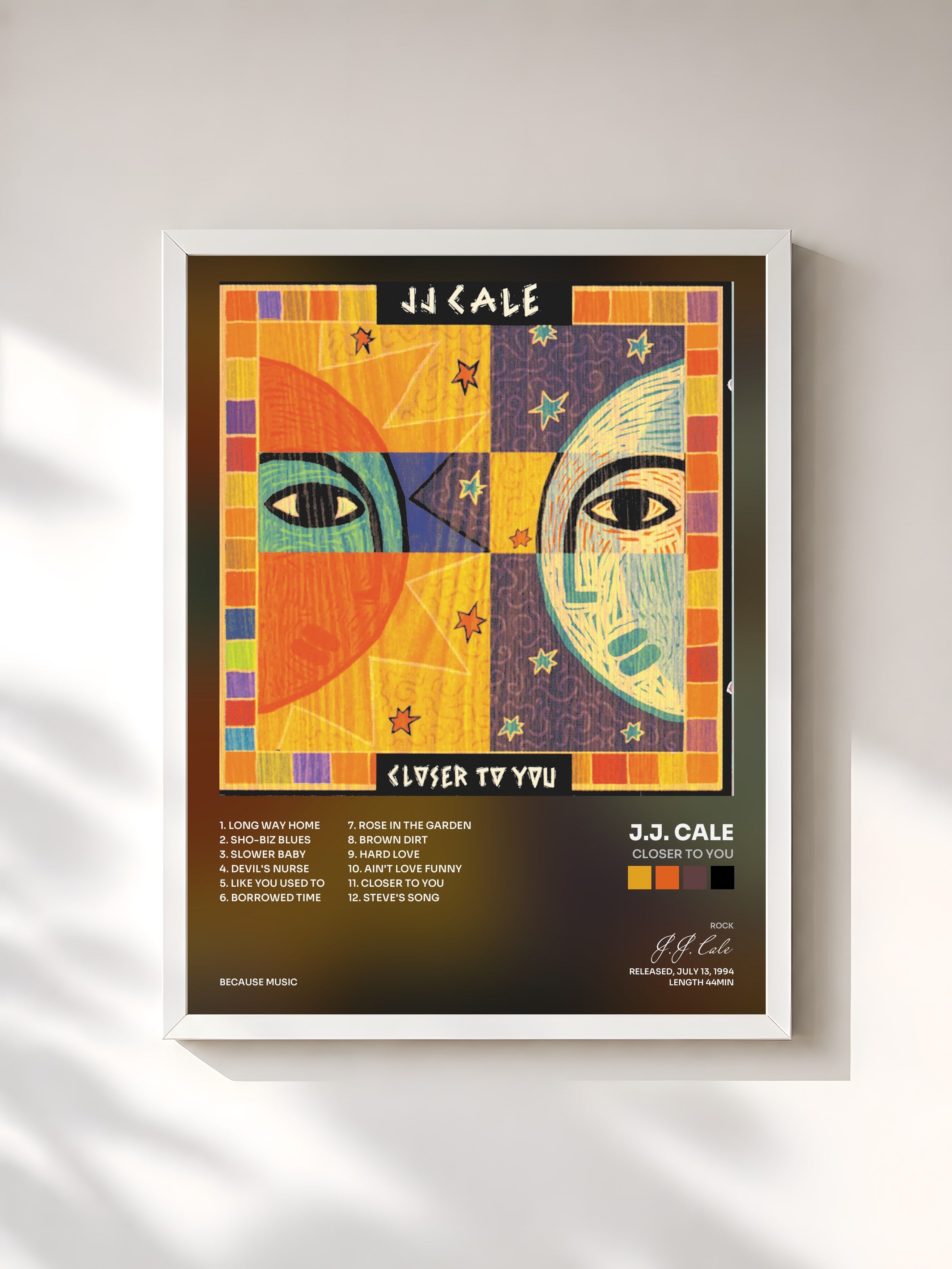 #blanc Tableau de l'album Closer To You de J.J. Cale, cadre blanc, imprimé et encadré en France
