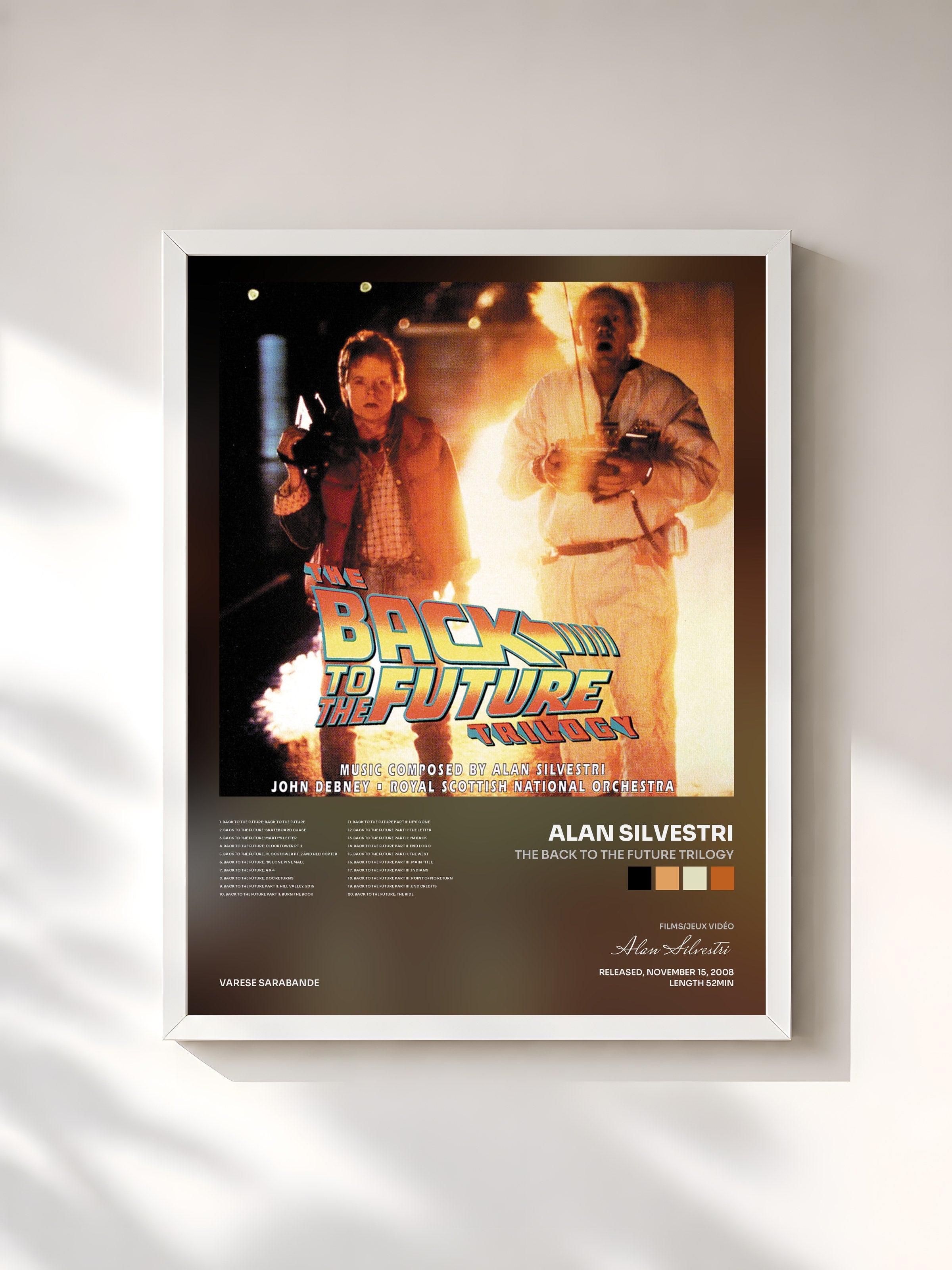 #blanc Tableau de l'album The Back To The Future Trilogy de Alan Silvestri, cadre blanc, imprimé et encadré en France