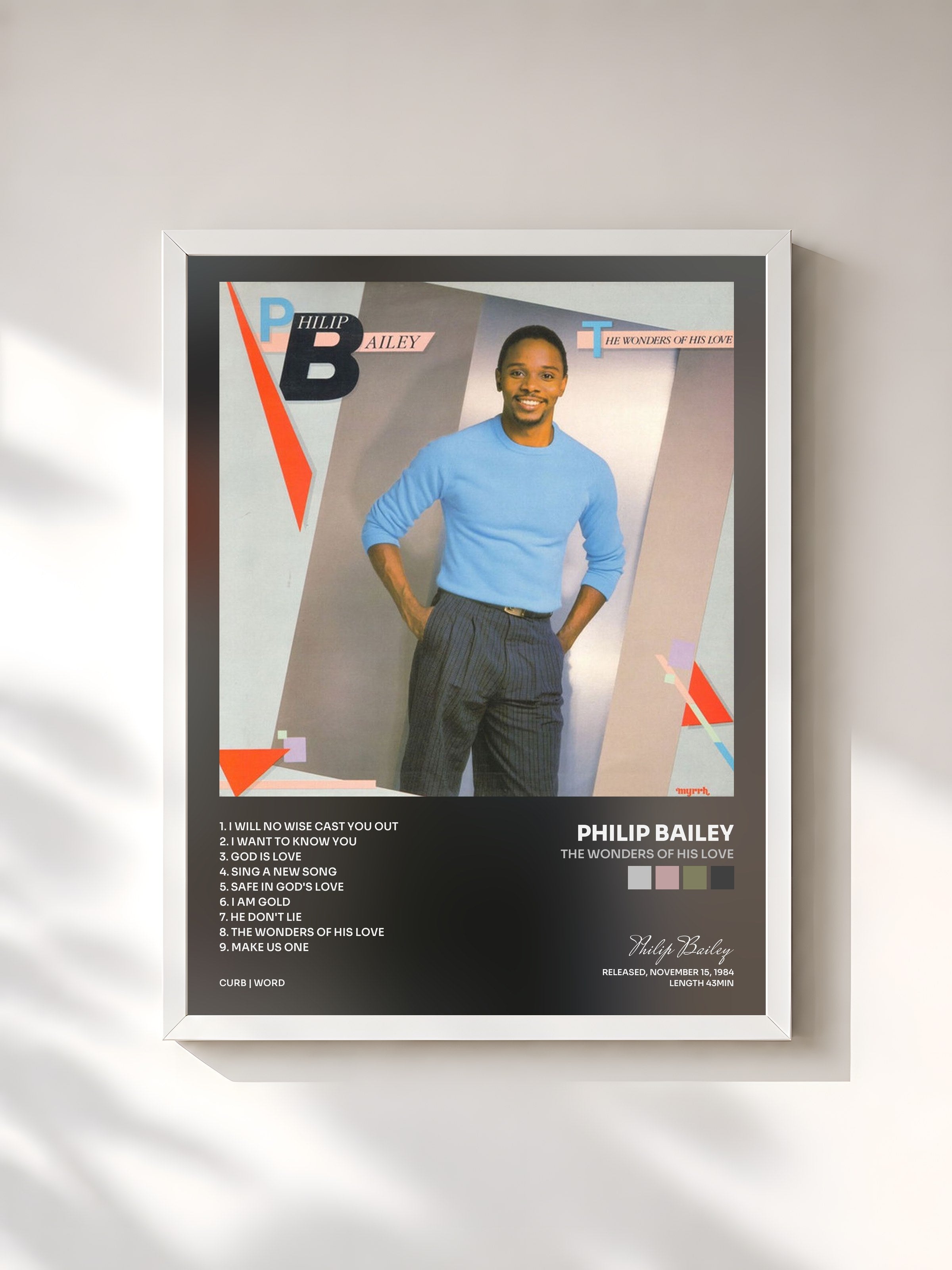 #blanc Tableau de l'album The Wonders Of His Love de Philip Bailey, cadre blanc, imprimé et encadré en France