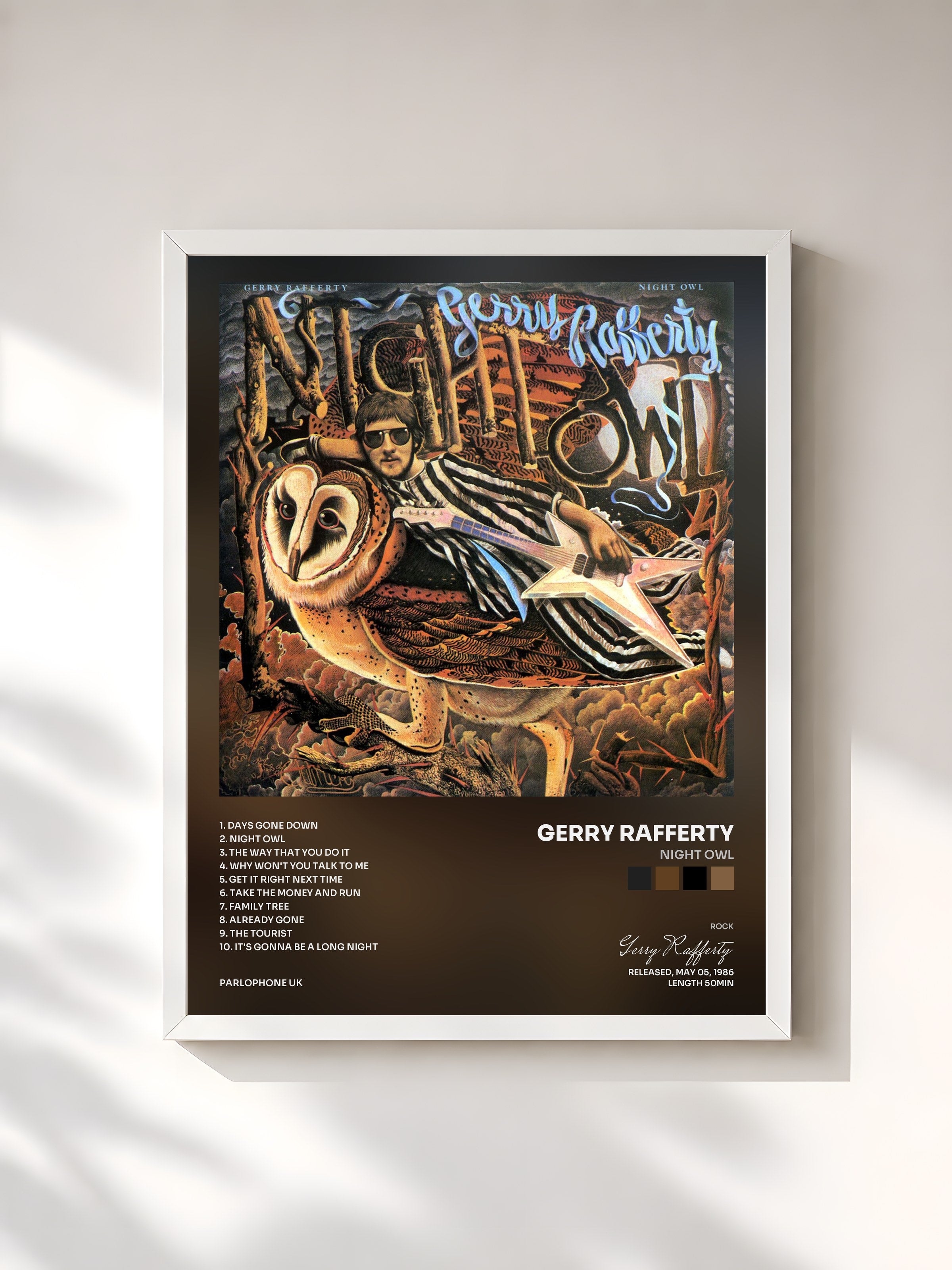 #blanc Tableau de l'album Night Owl de Gerry Rafferty, cadre blanc, imprimé et encadré en France