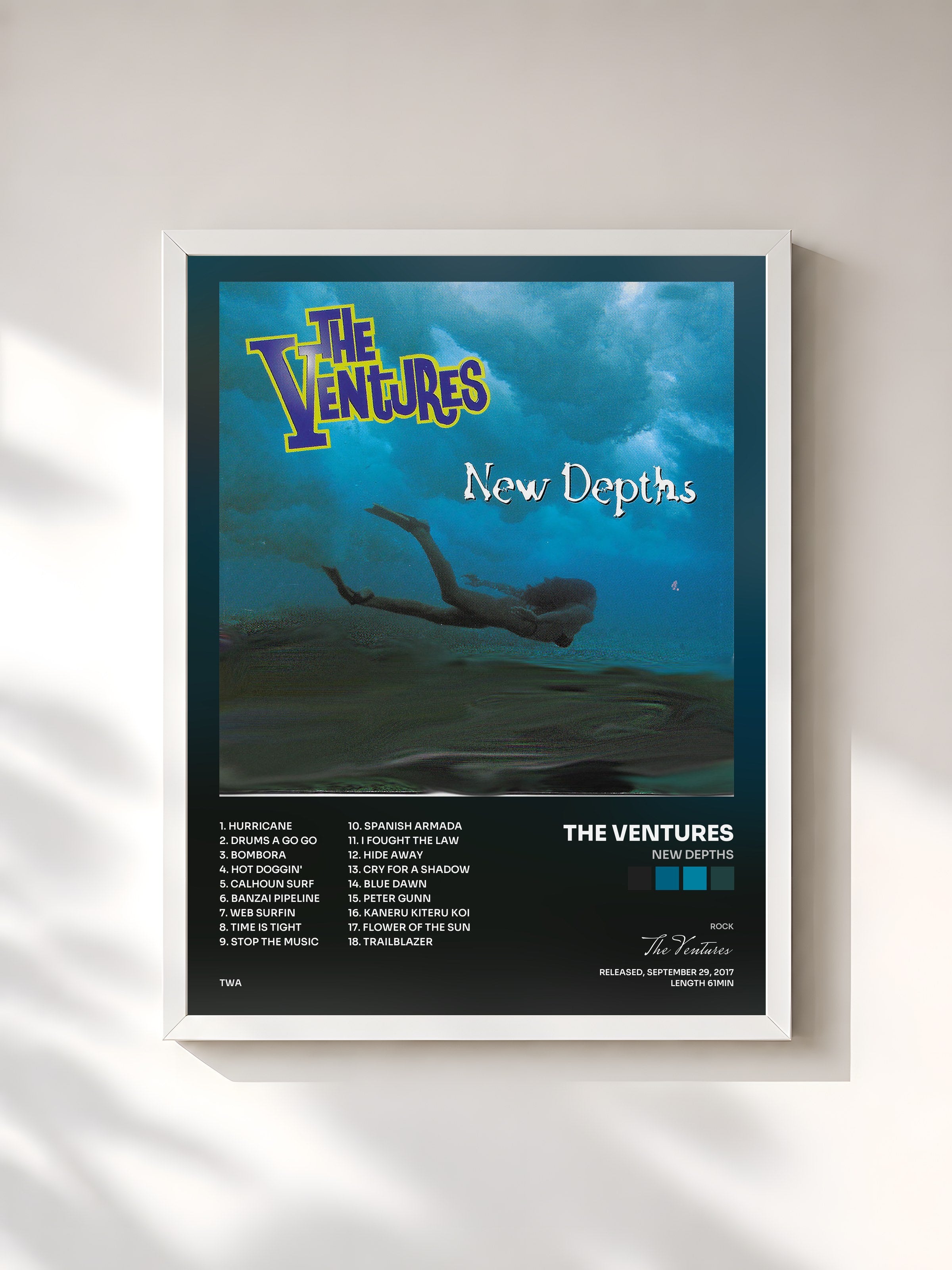 #blanc Tableau de l'album New Depths de The Ventures, cadre blanc, imprimé et encadré en France