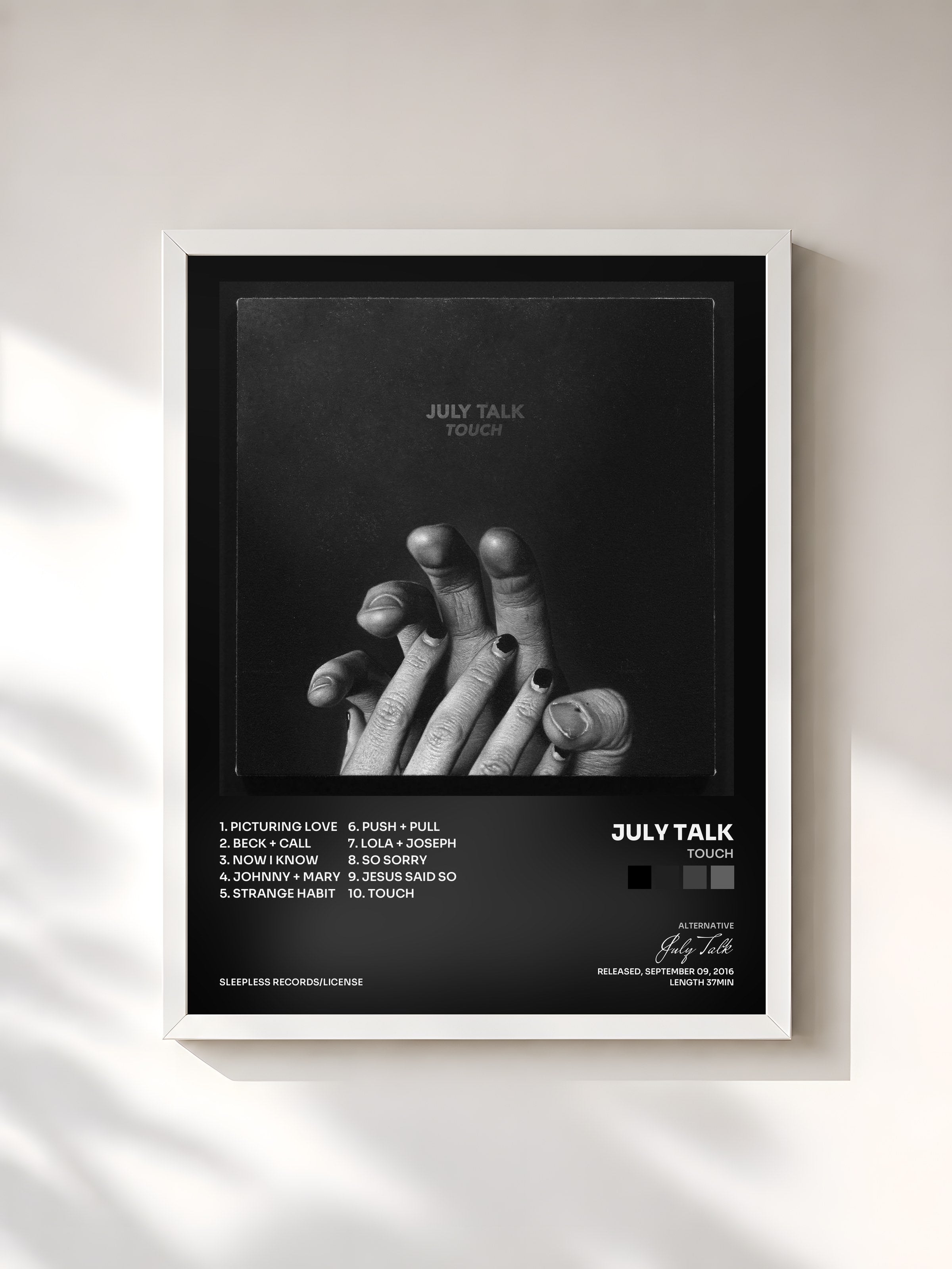 #blanc Tableau de l'album Touch de July Talk, cadre blanc, imprimé et encadré en France