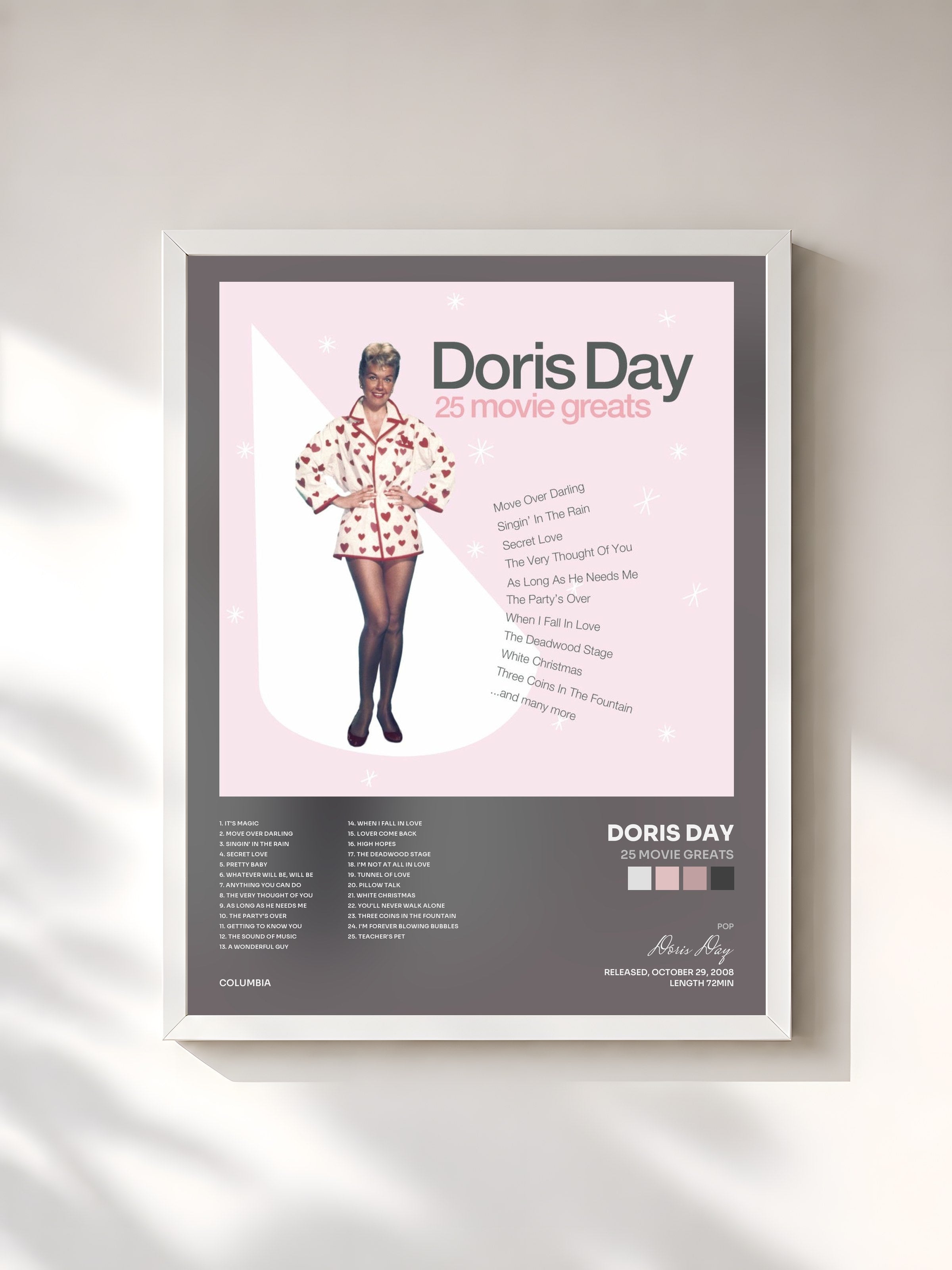 #blanc Tableau de l'album 25 Movie Greats de Doris Day, cadre blanc, imprimé et encadré en France