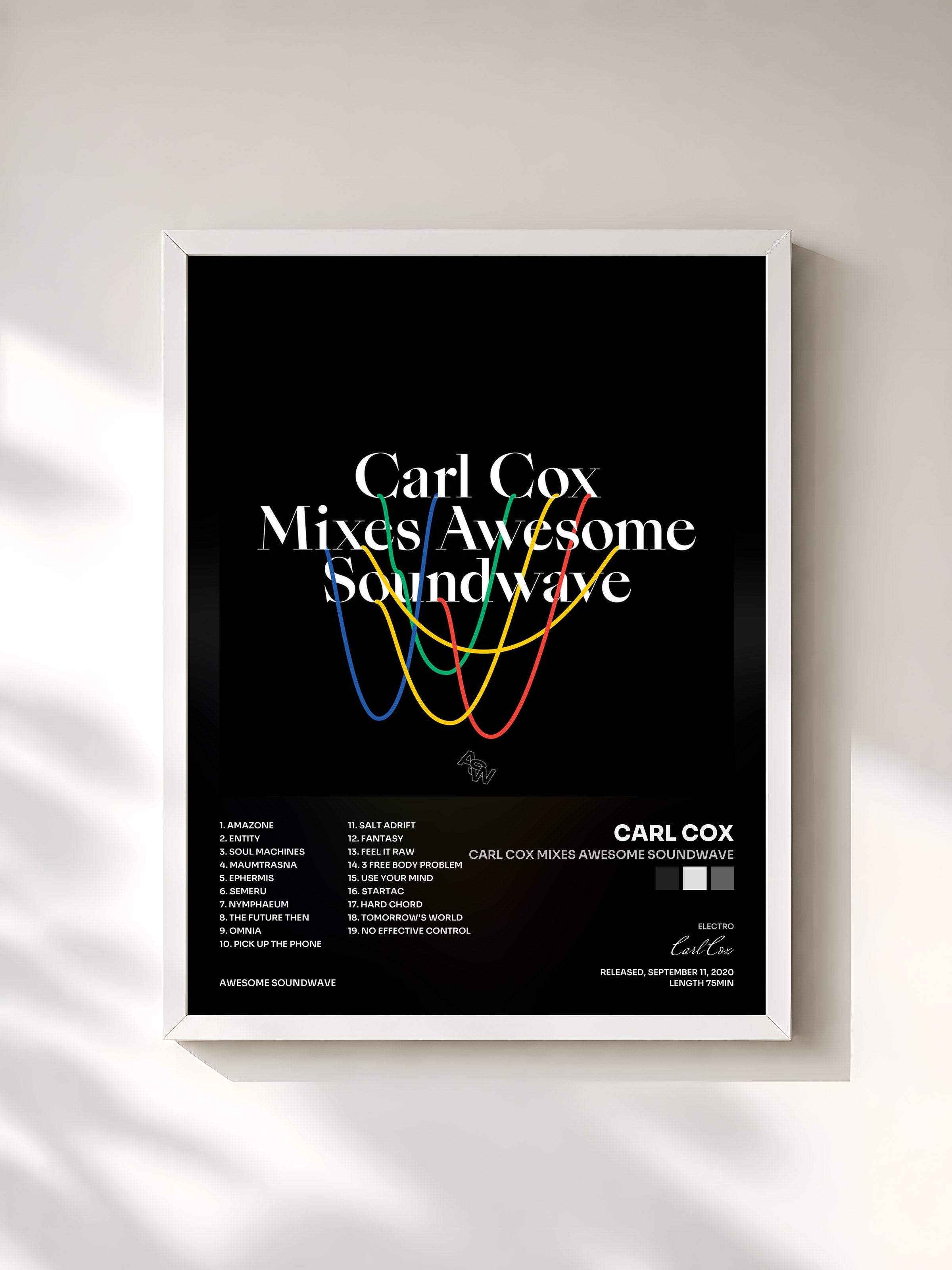 #blanc Tableau de l'album Carl Cox Mixes Awesome Soundwave de Carl Cox, cadre blanc, imprimé et encadré en France