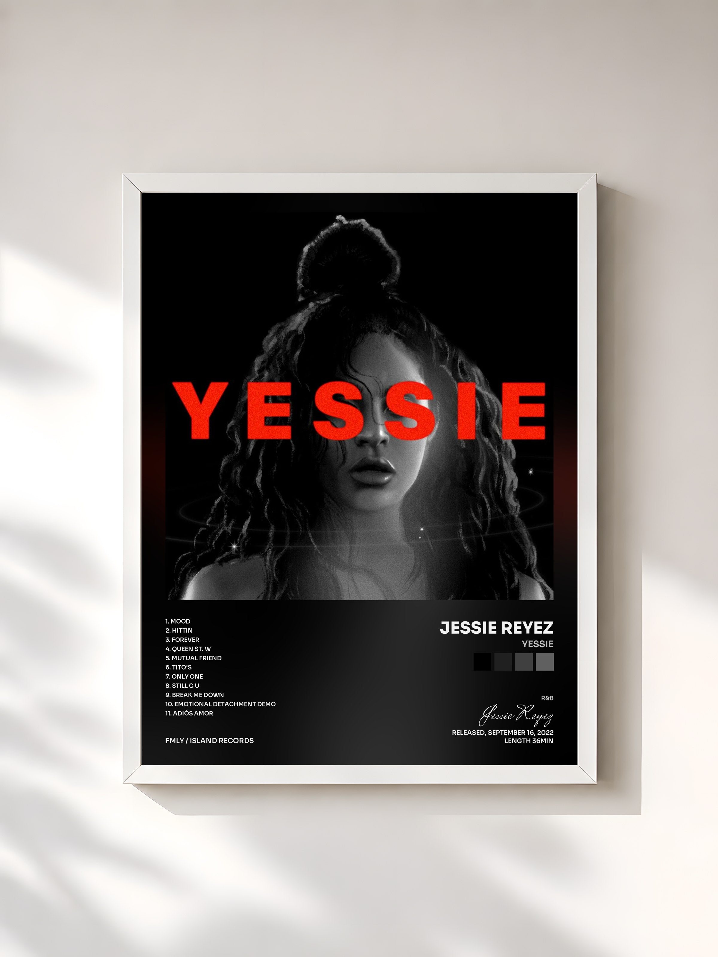 #blanc Tableau de l'album YESSIE de Jessie Reyez, cadre blanc, imprimé et encadré en France