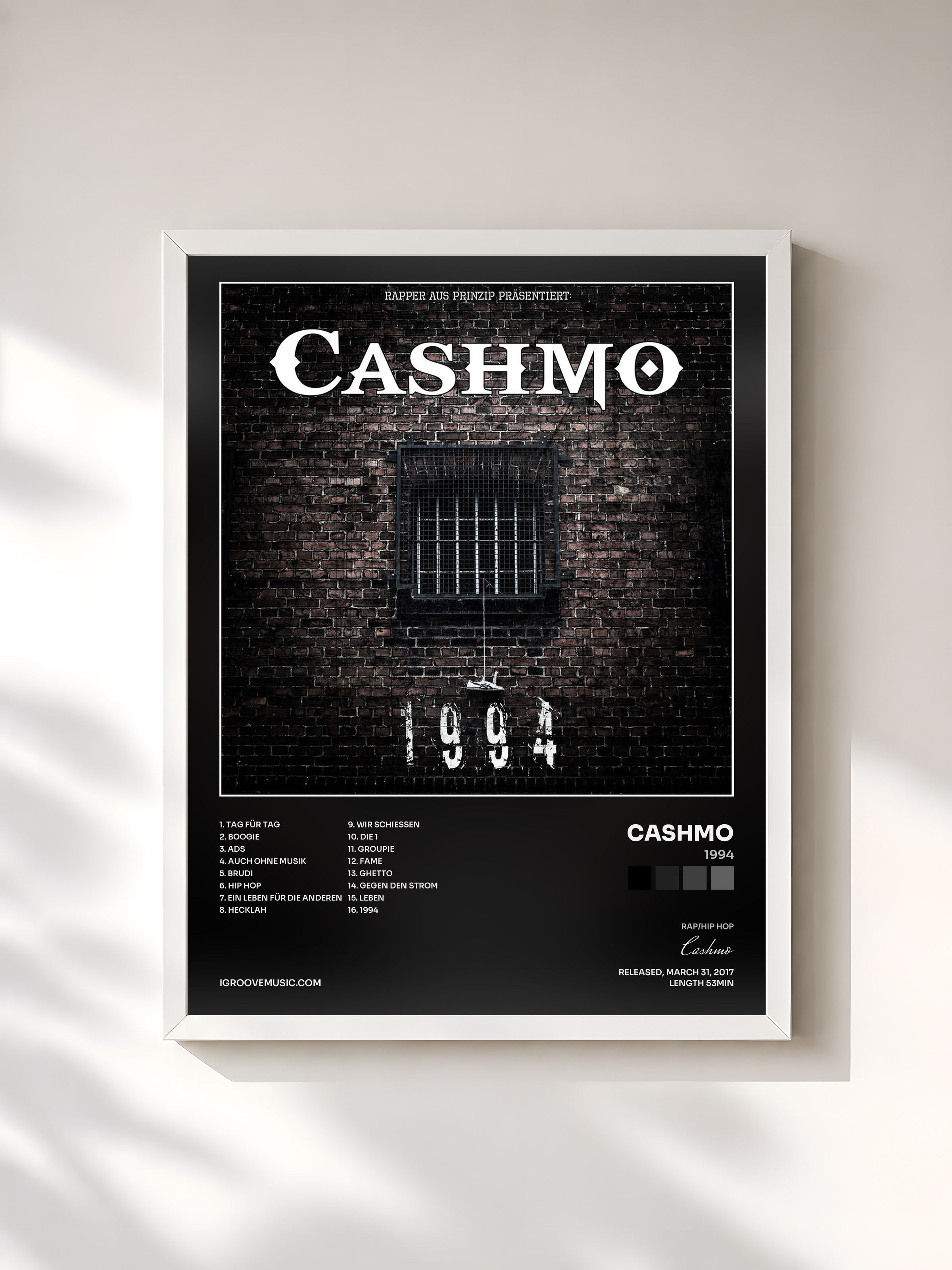 #blanc Tableau de l'album 1994 de Cashmo, cadre blanc, imprimé et encadré en France