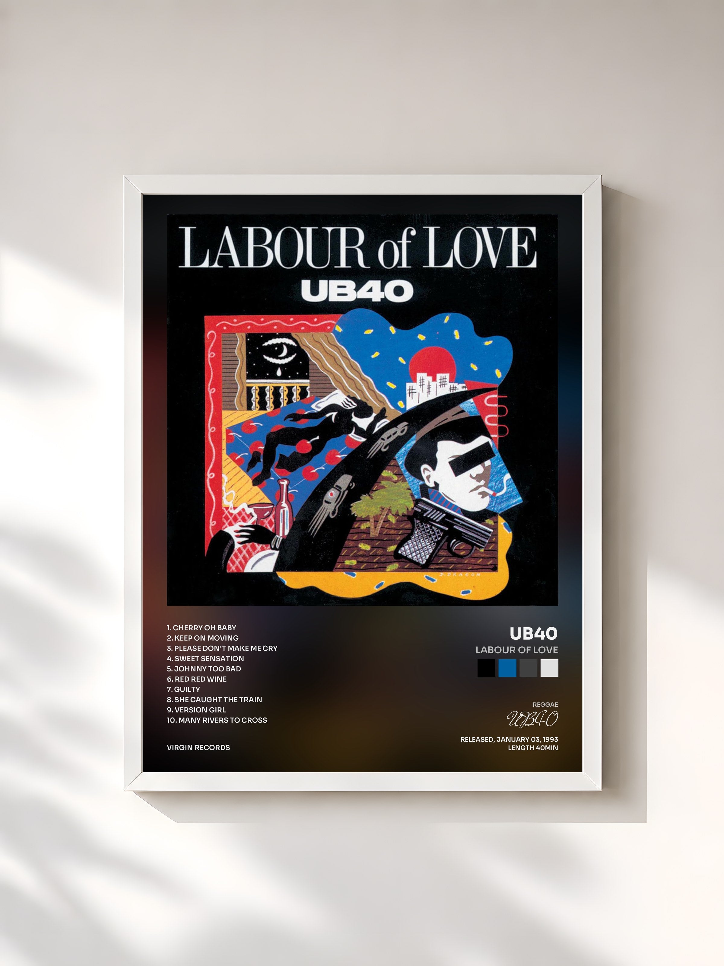 #blanc Tableau de l'album Labour Of Love de UB40, cadre blanc, imprimé et encadré en France