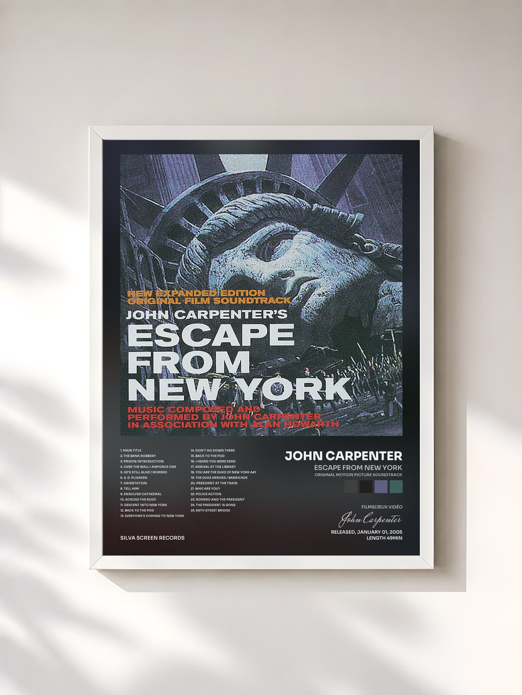 #blanc Tableau de l'album Escape from New York (Original Motion Picture Soundtrack) de John Carpenter, cadre blanc, imprimé et encadré en France