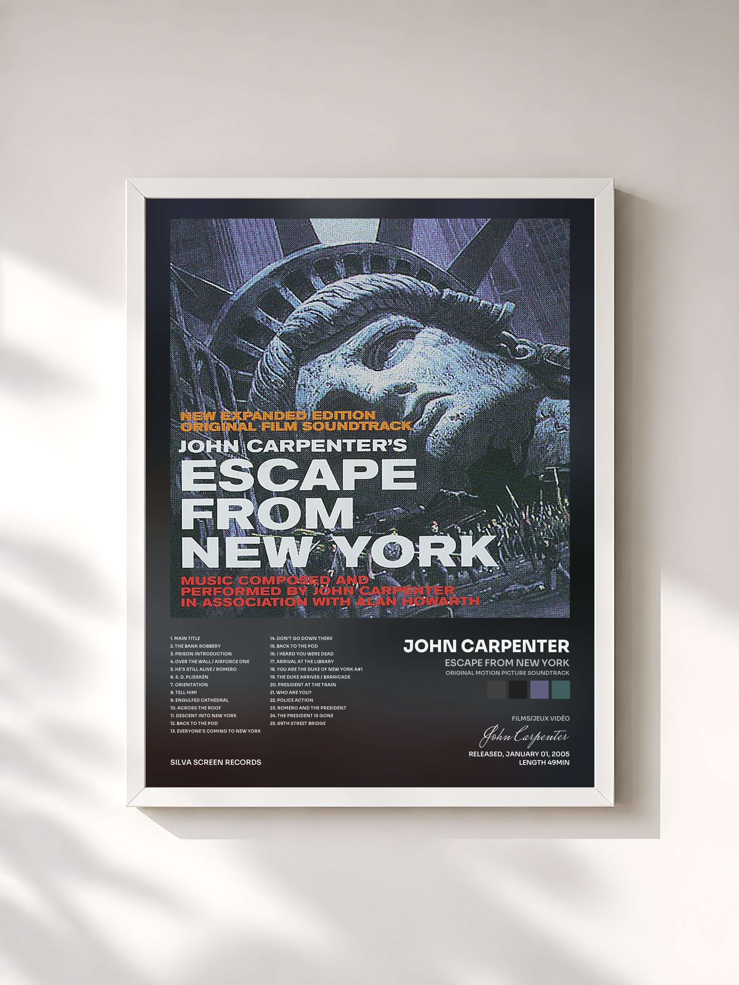 #blanc Tableau de l'album Escape from New York (Original Motion Picture Soundtrack) de John Carpenter, cadre blanc, imprimé et encadré en France
