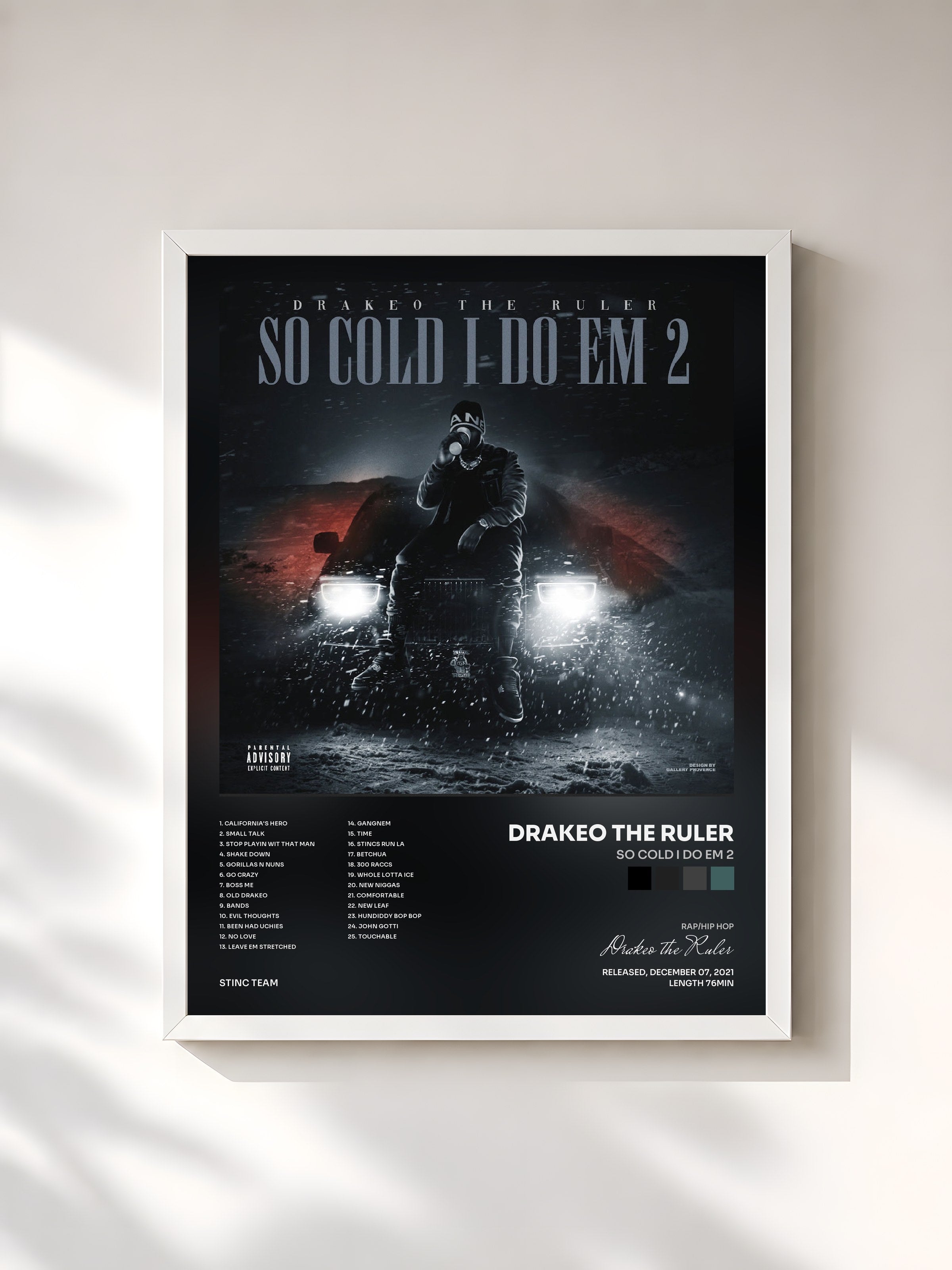 #blanc Tableau de l'album So Cold I Do Em 2 de Drakeo the Ruler, cadre blanc, imprimé et encadré en France