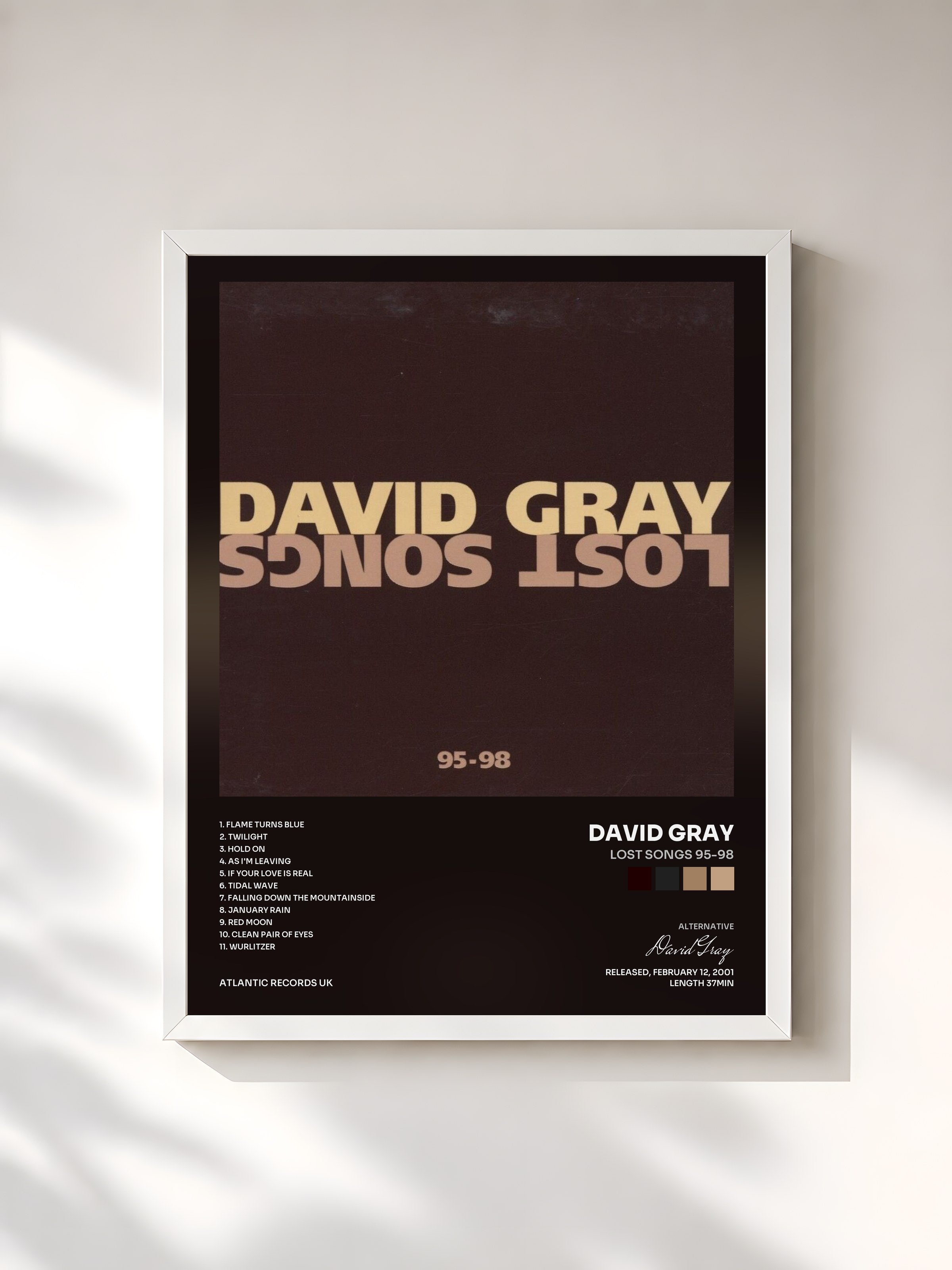 #blanc Tableau de l'album Lost Songs 95-98 de David Gray, cadre blanc, imprimé et encadré en France