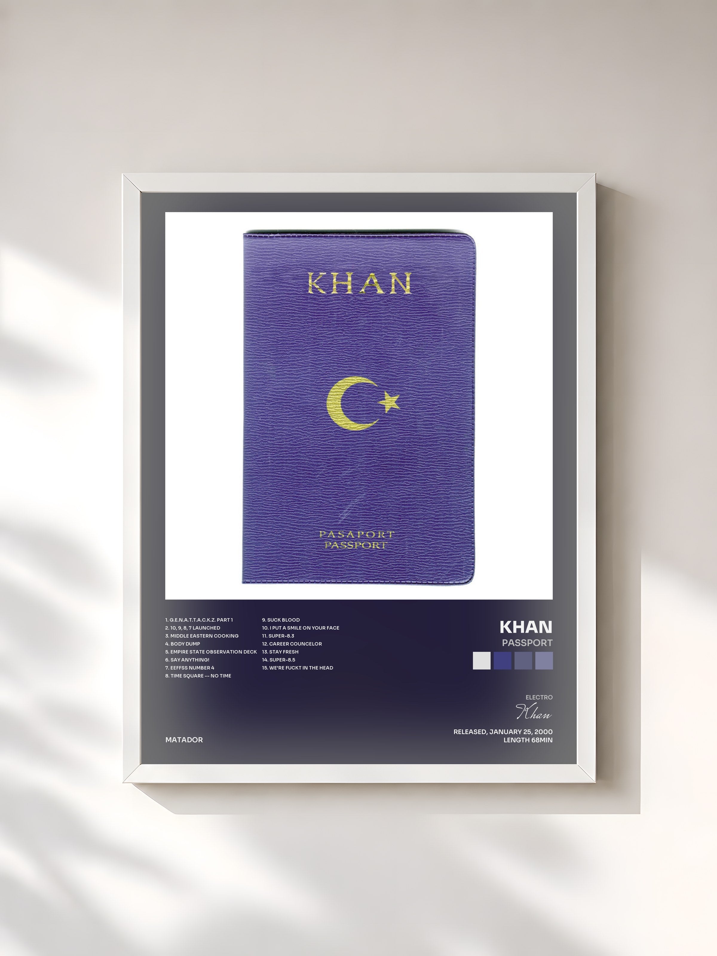 #blanc Tableau de l'album Passport de Khan, cadre blanc, imprimé et encadré en France
