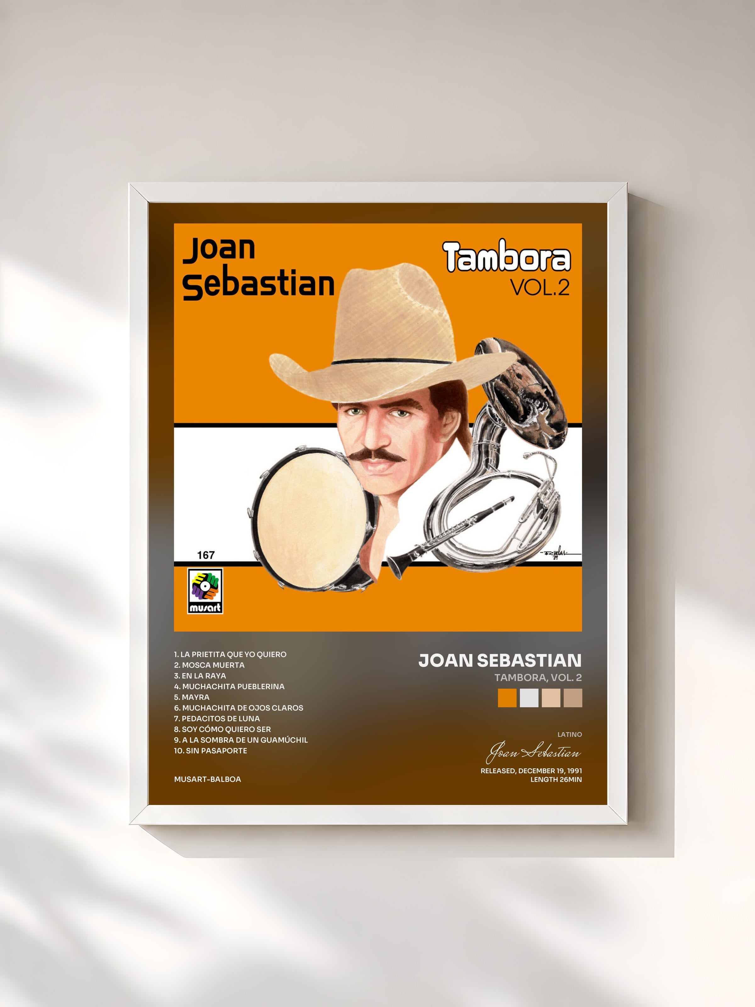 #blanc Tableau de l'album Tambora, Vol. 2 de Joan Sebastian, cadre blanc, imprimé et encadré en France