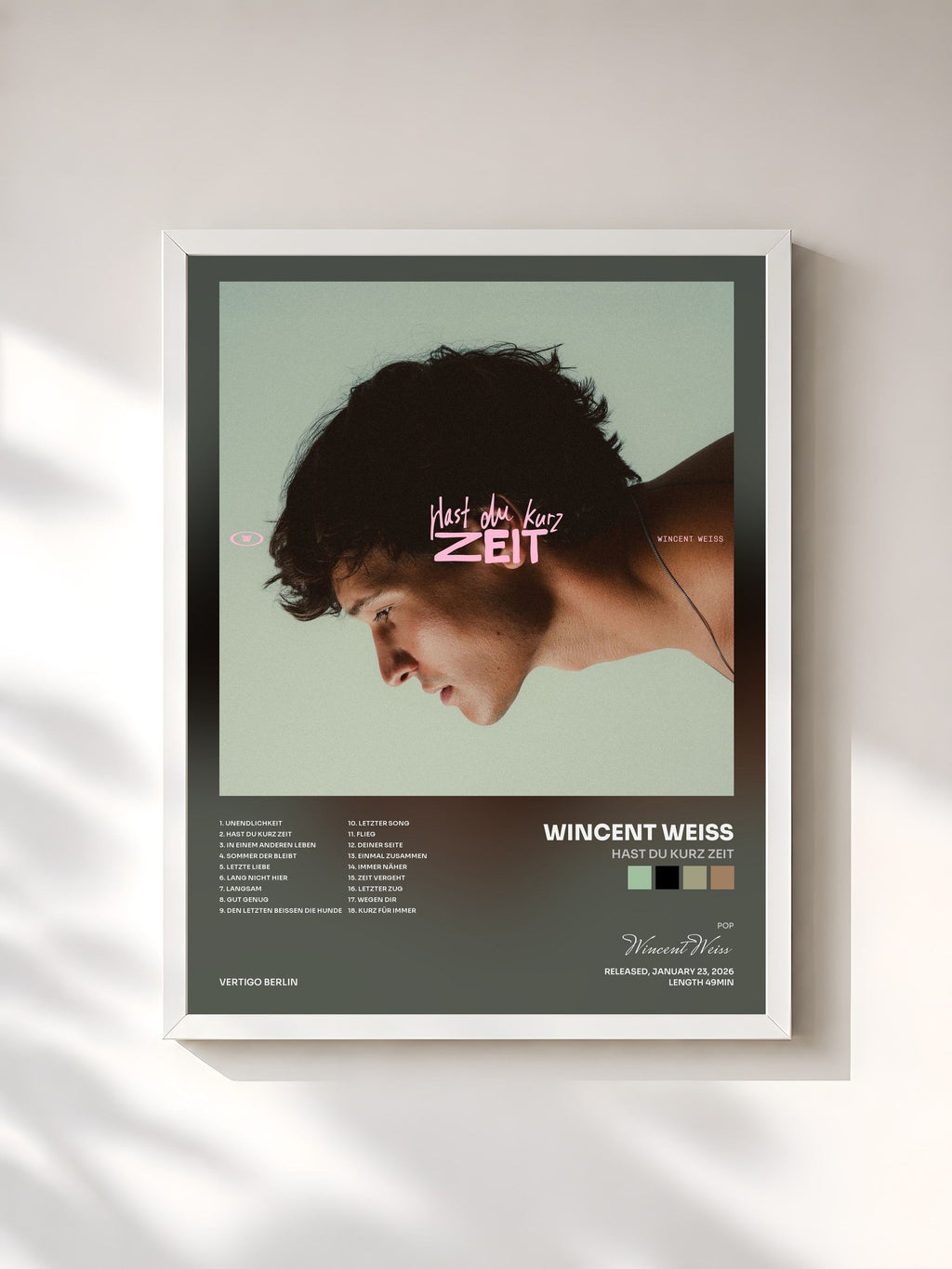 #blanc Hast du kurz Zeit by Wincent Weiss as a framed art print, white frame, printed and framed in France