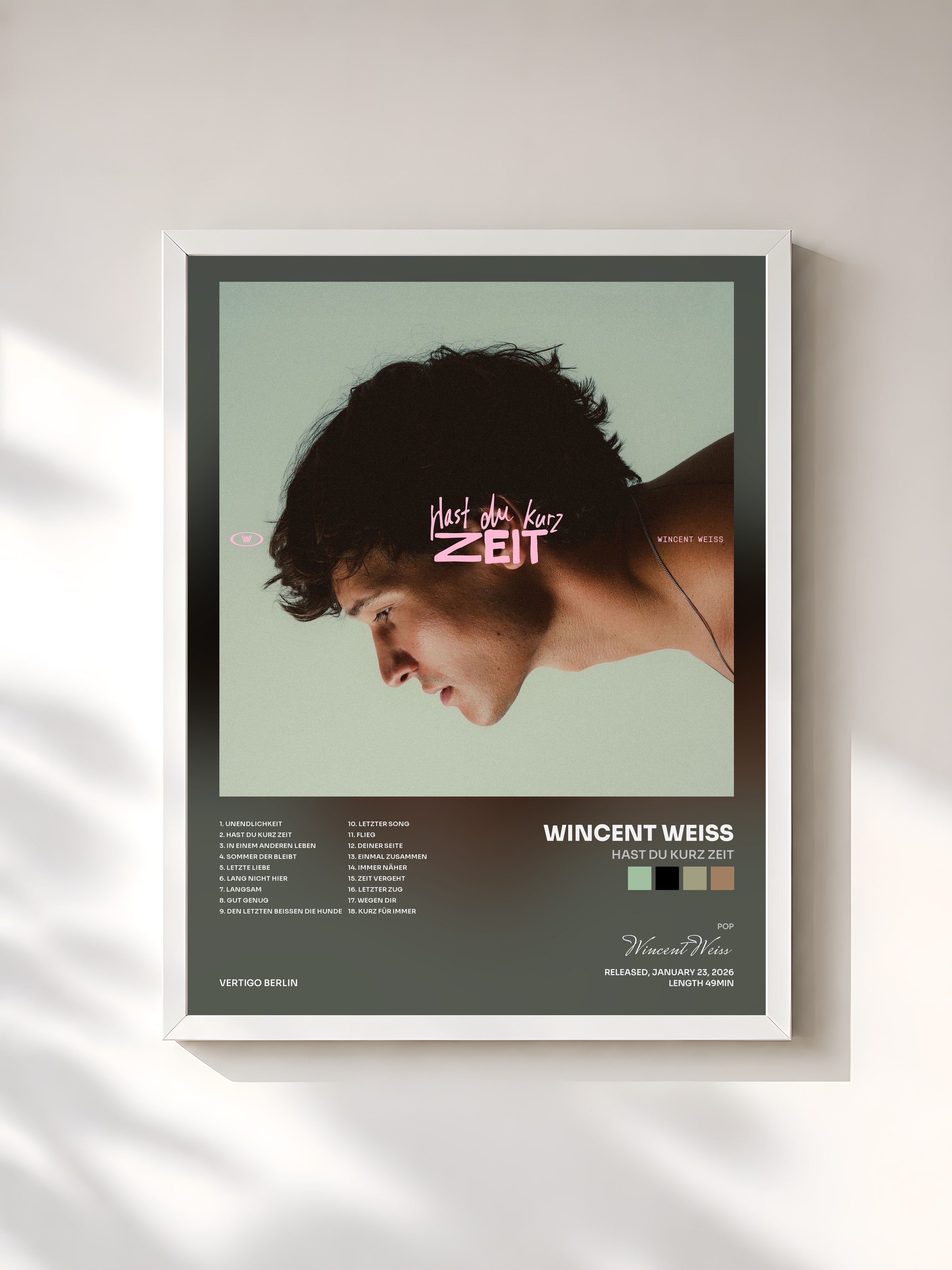 #blanc Tableau de l'album Hast du kurz Zeit de Wincent Weiss, cadre blanc, imprimé et encadré en France