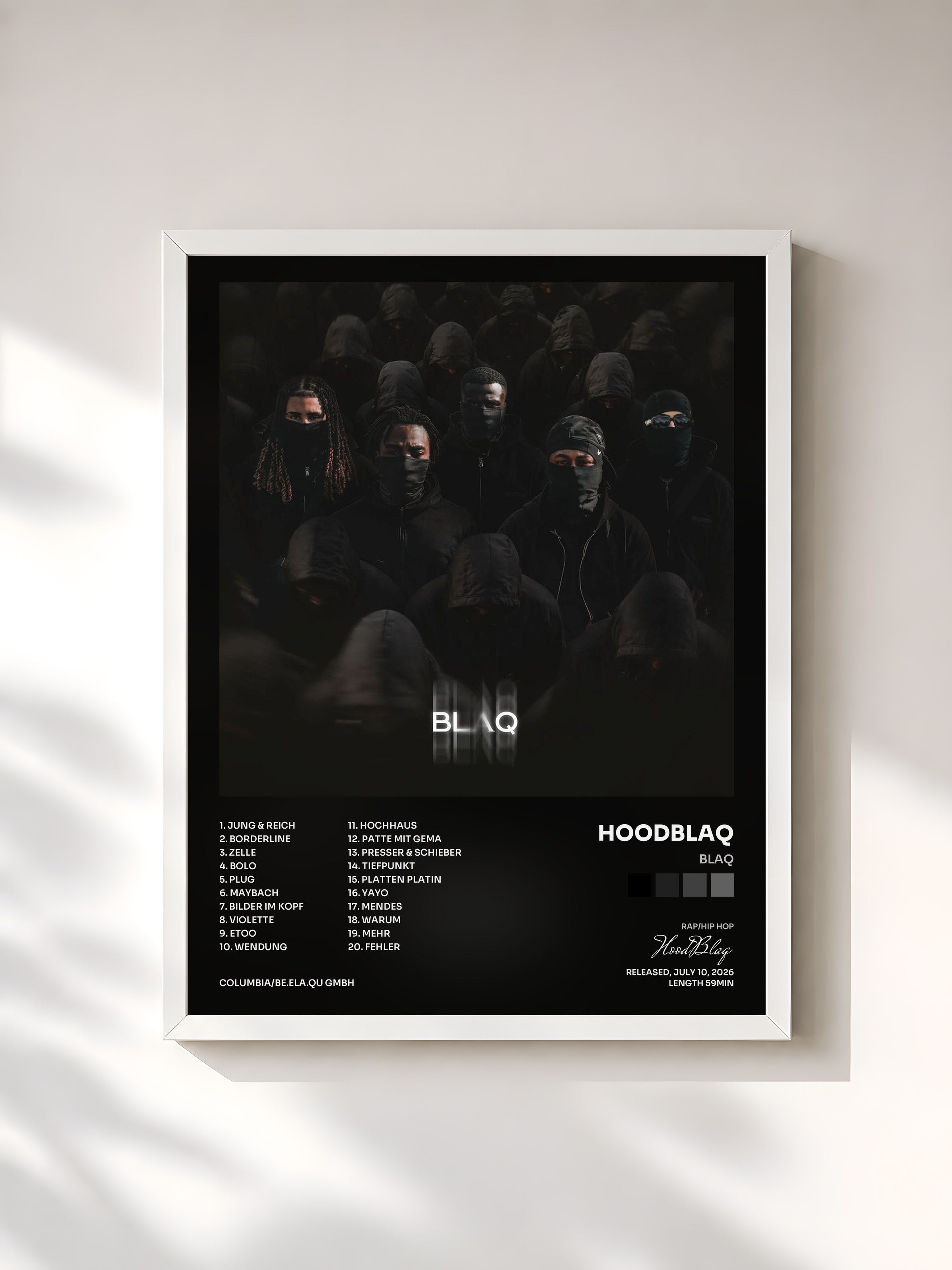 #blanc Tableau de l'album BLAQ de HoodBlaq, cadre blanc, imprimé et encadré en France
