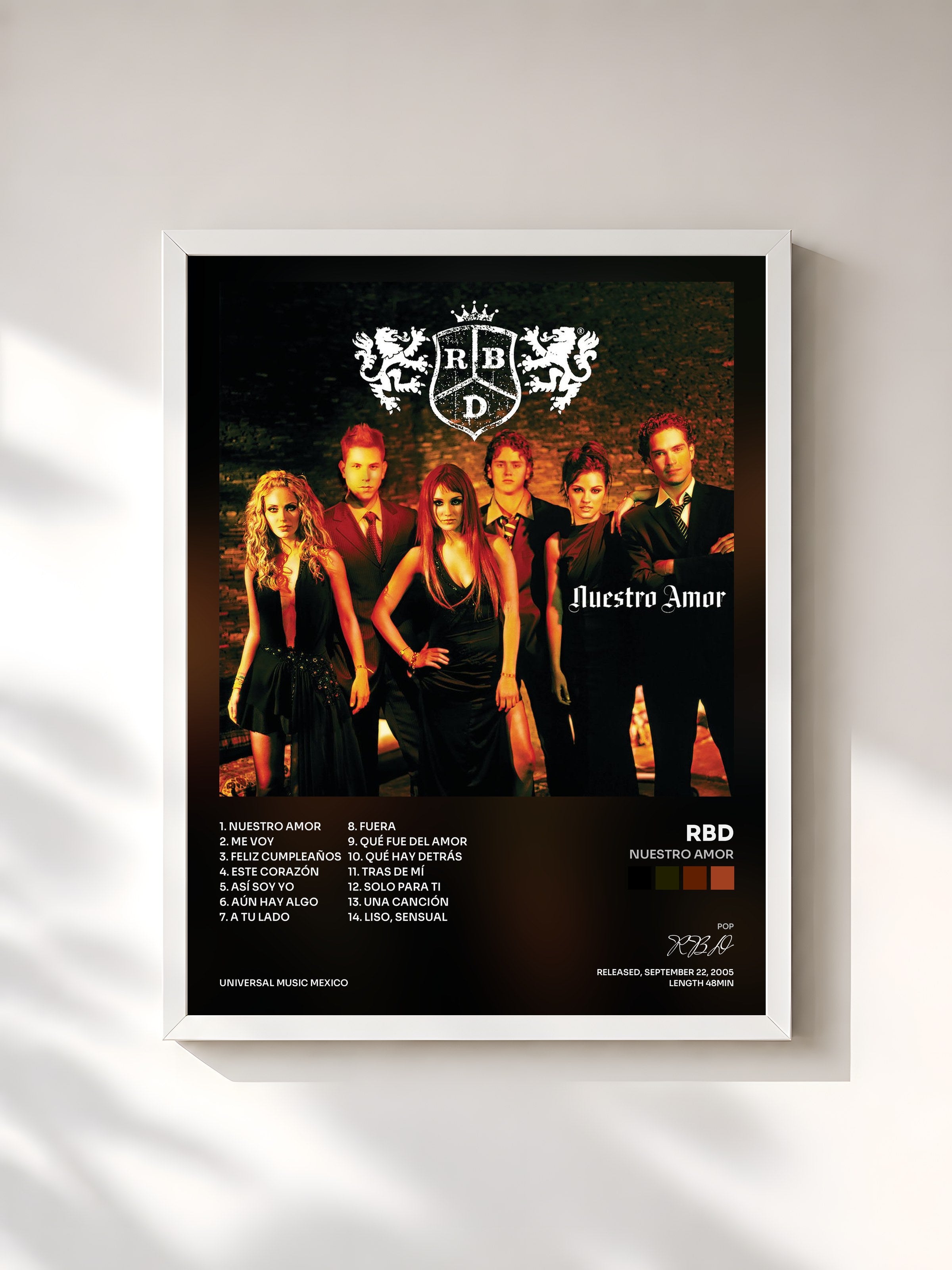#blanc Tableau de l'album Nuestro Amor de RBD, cadre blanc, imprimé et encadré en France