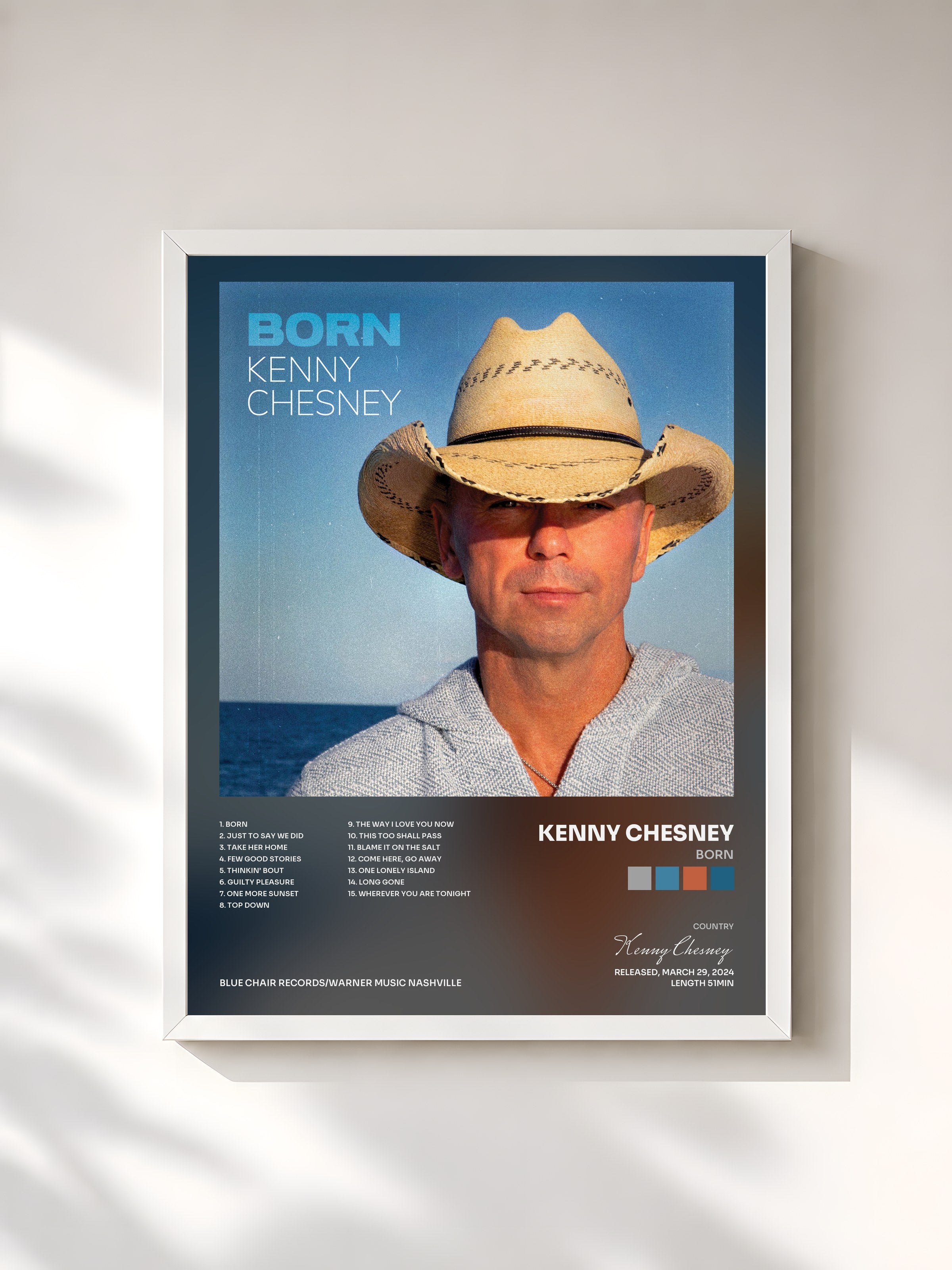 #blanc Tableau de l'album Born de Kenny Chesney, cadre blanc, imprimé et encadré en France