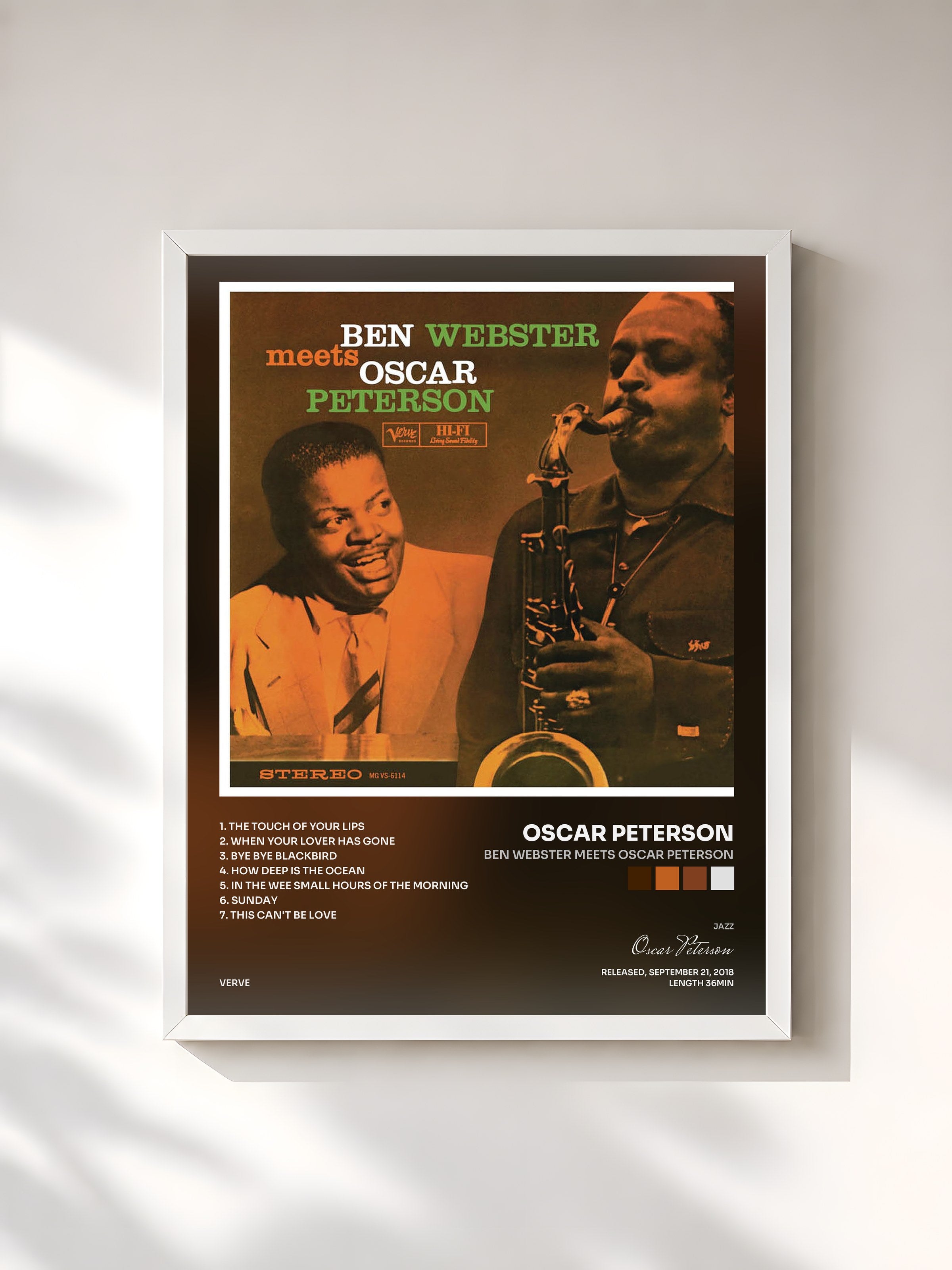 #blanc Tableau de l'album Ben Webster Meets Oscar Peterson de Oscar Peterson, cadre blanc, imprimé et encadré en France