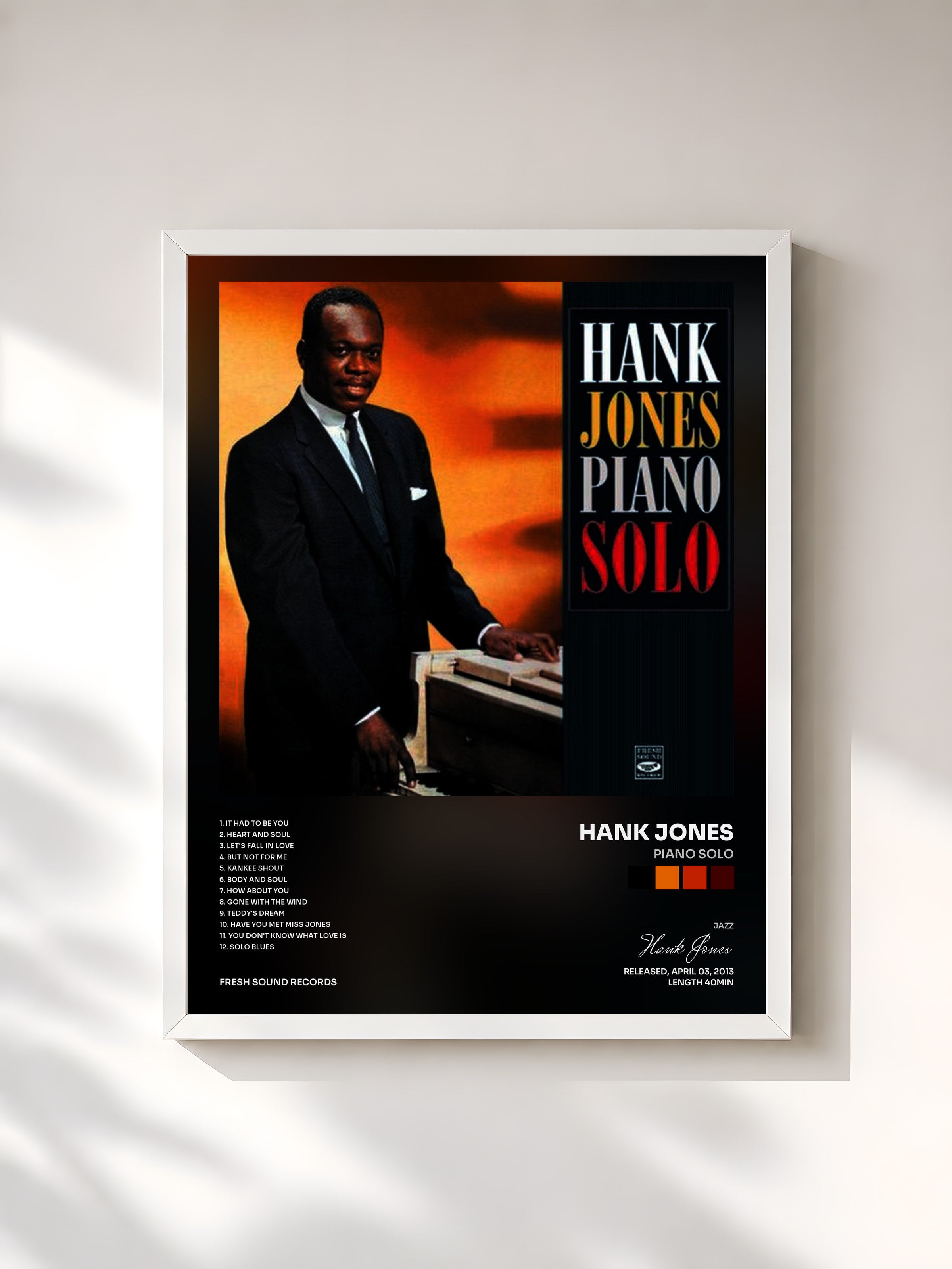 #blanc Tableau de l'album Piano Solo de Hank Jones, cadre blanc, imprimé et encadré en France
