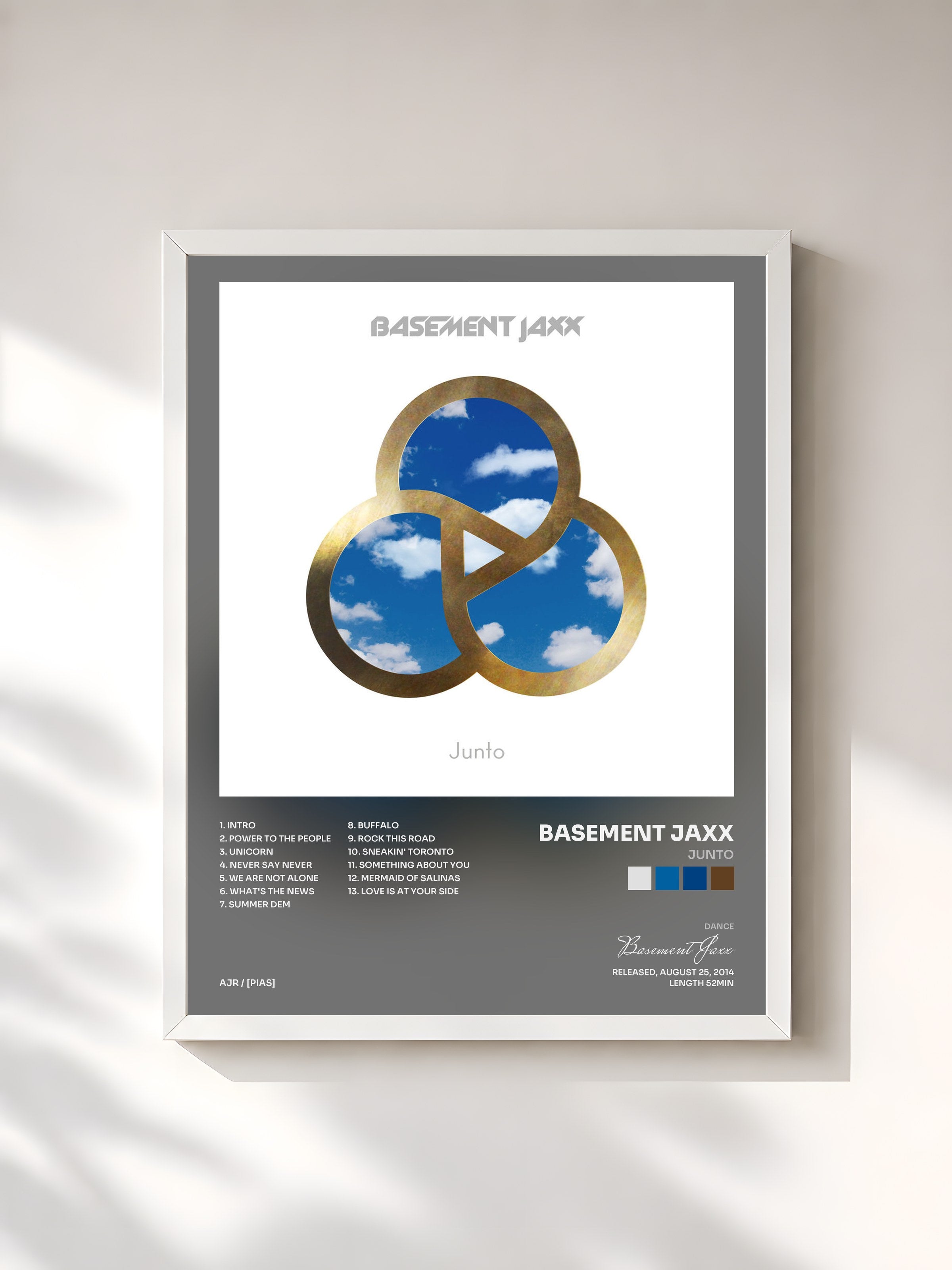 #blanc Tableau de l'album Junto de Basement Jaxx, cadre blanc, imprimé et encadré en France