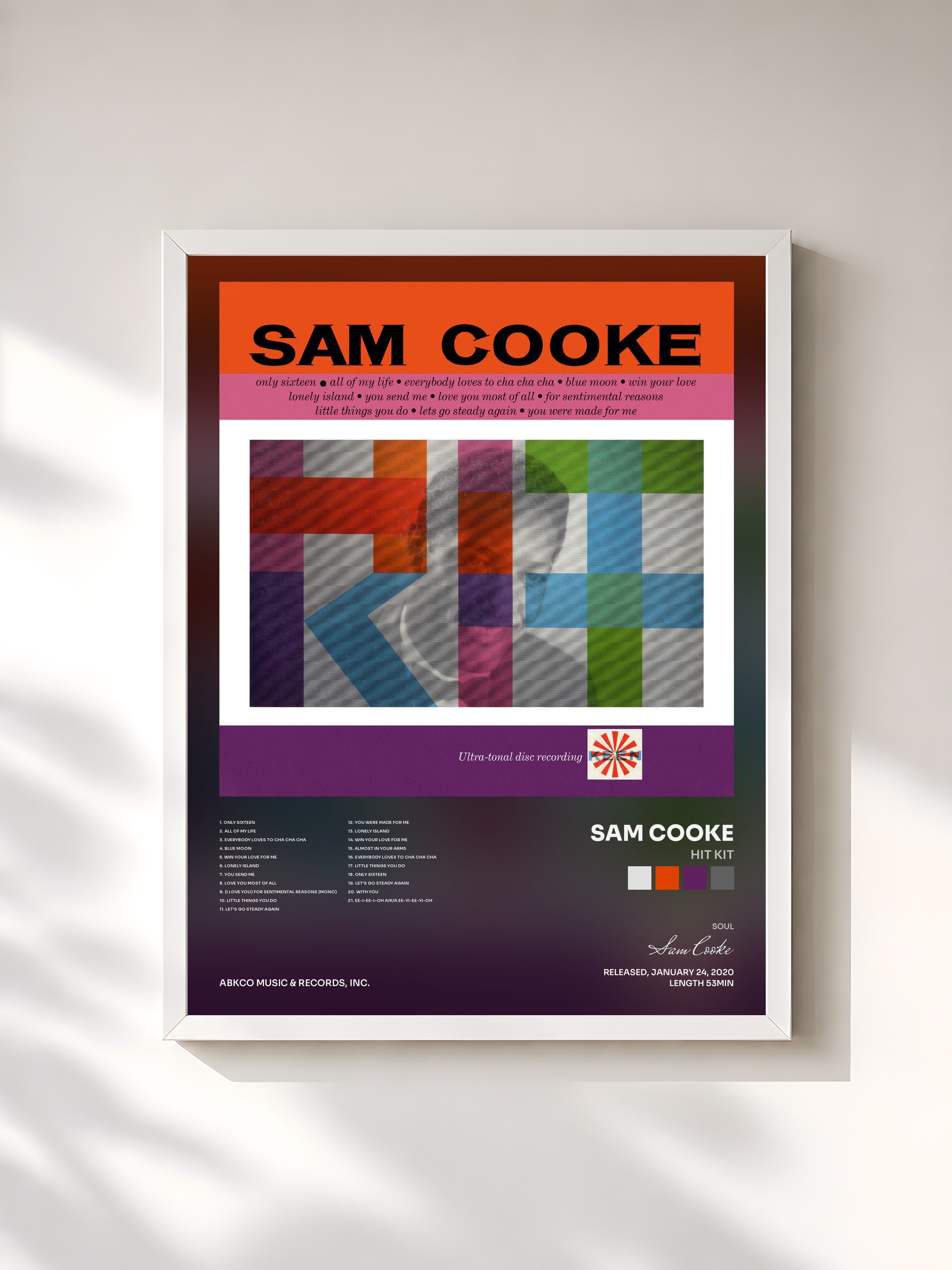 #blanc Tableau de l'album Hit Kit de Sam Cooke, cadre blanc, imprimé et encadré en France