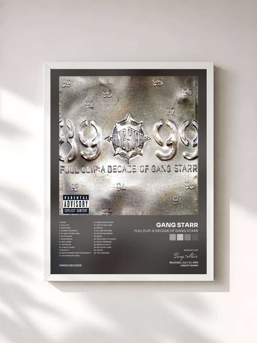 #blanc Tableau de l'album Full Clip: A Decade Of Gang Starr de Gang Starr, cadre blanc, imprimé et encadré en France