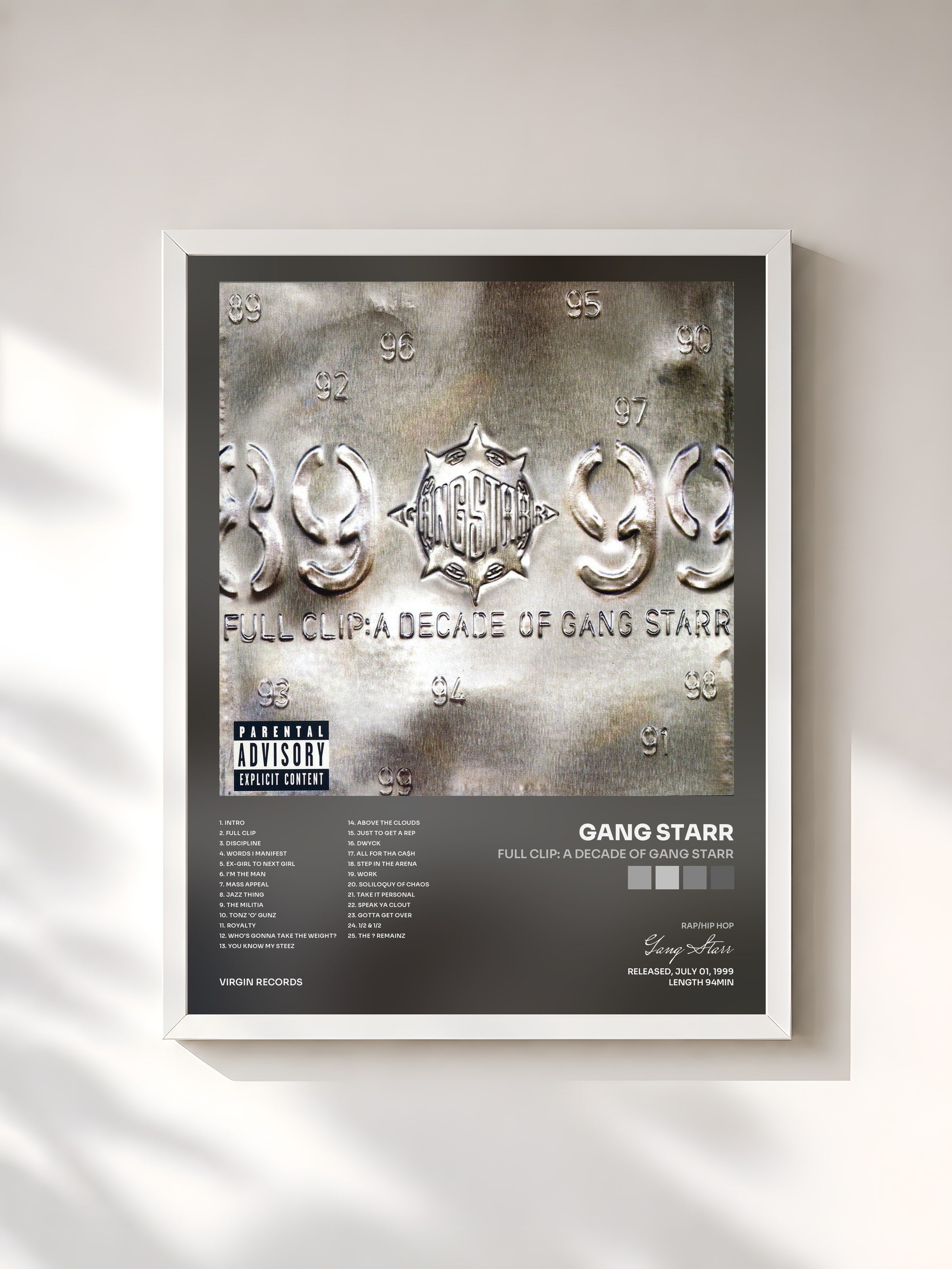 #blanc Tableau de l'album Full Clip: A Decade Of Gang Starr de Gang Starr, cadre blanc, imprimé et encadré en France