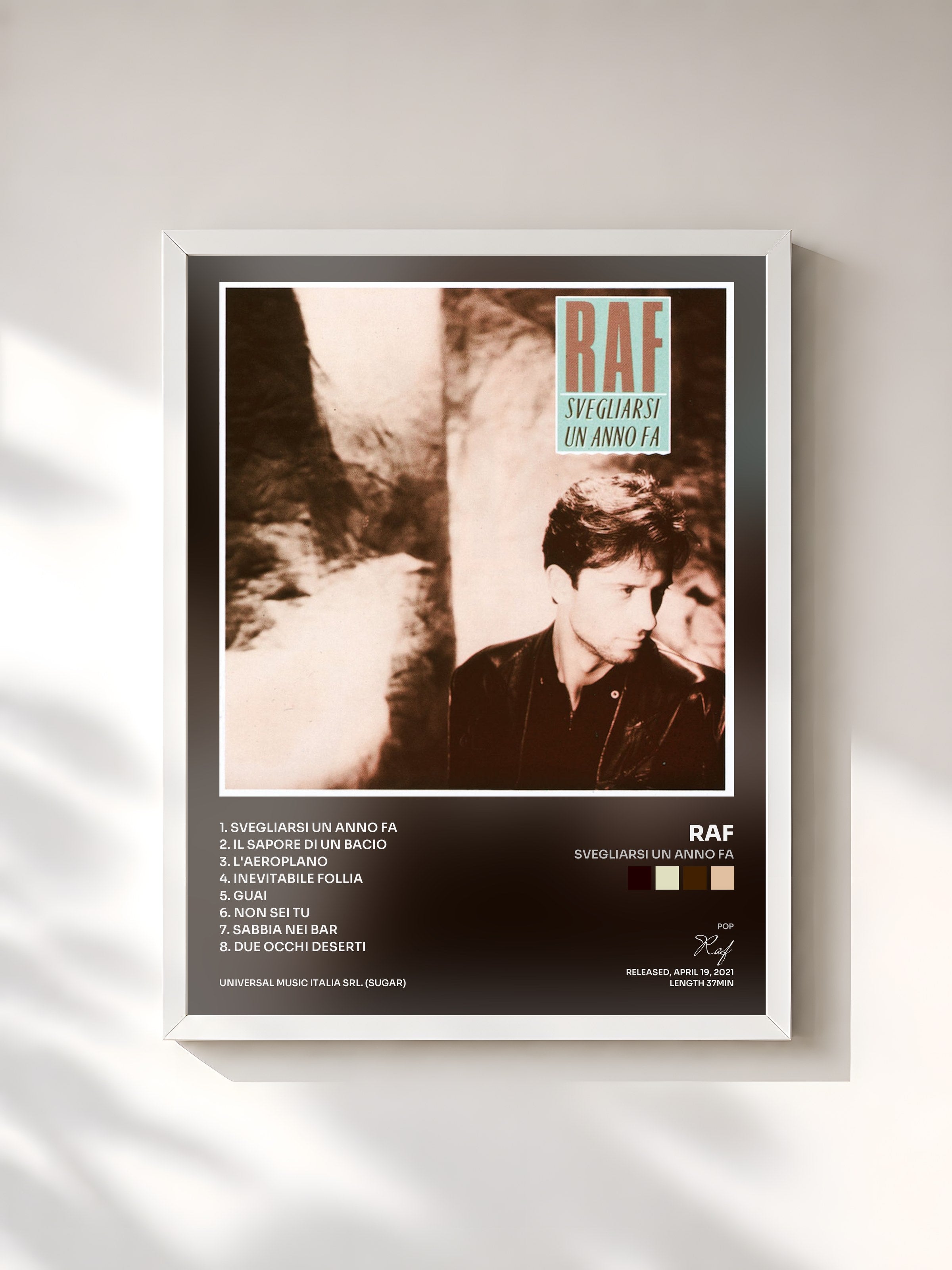 #blanc Tableau de l'album Svegliarsi un anno fa de Raf, cadre blanc, imprimé et encadré en France