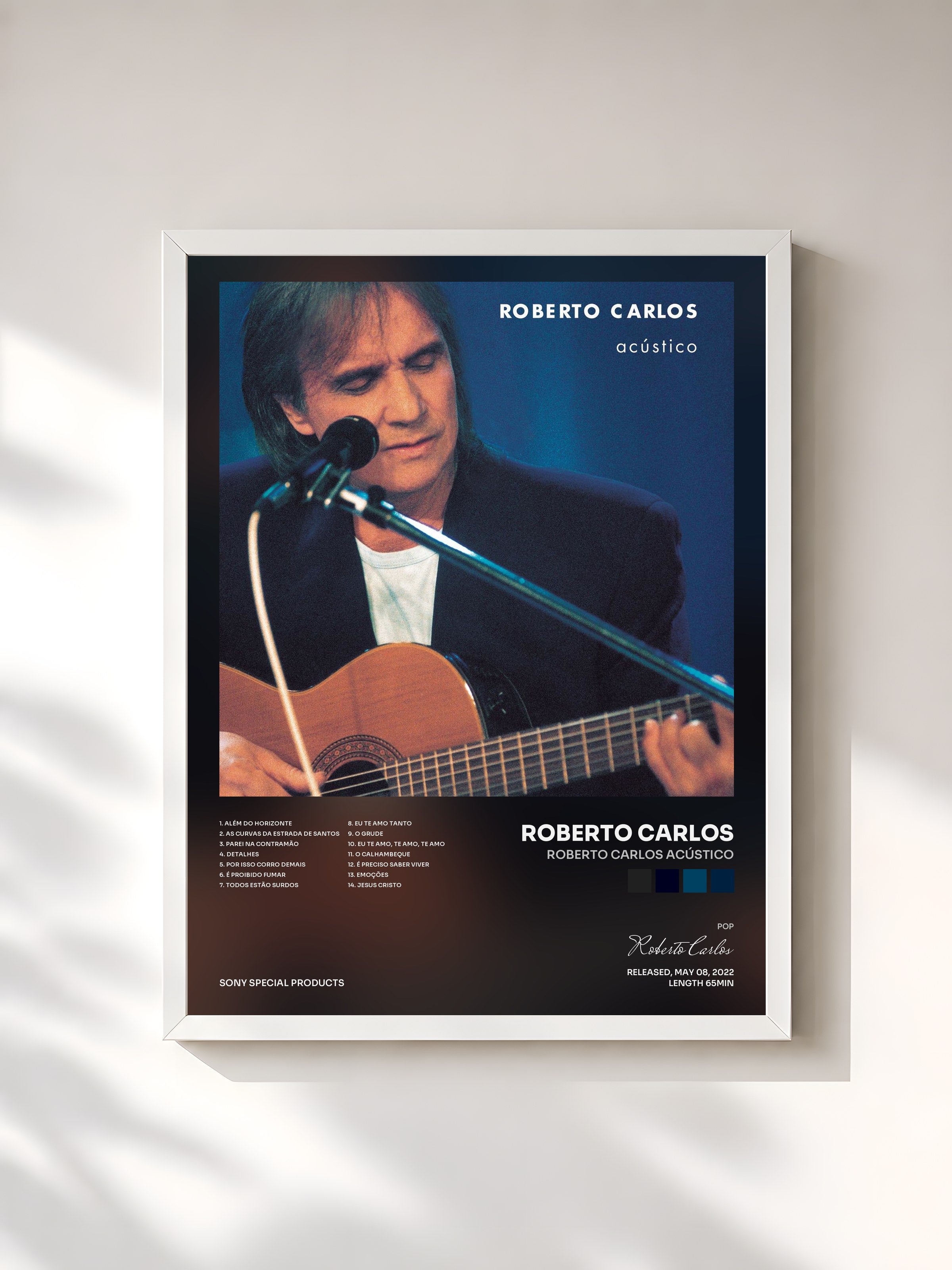 #blanc Tableau de l'album Roberto Carlos Acústico de Roberto Carlos, cadre blanc, imprimé et encadré en France