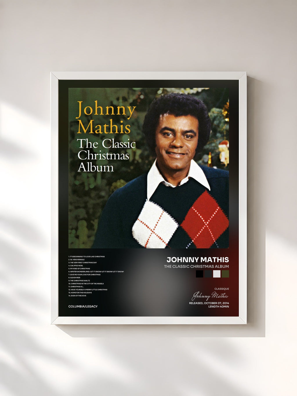 #blanc Tableau de l'album The Classic Christmas Album de Johnny Mathis, cadre blanc, imprimé et encadré en France