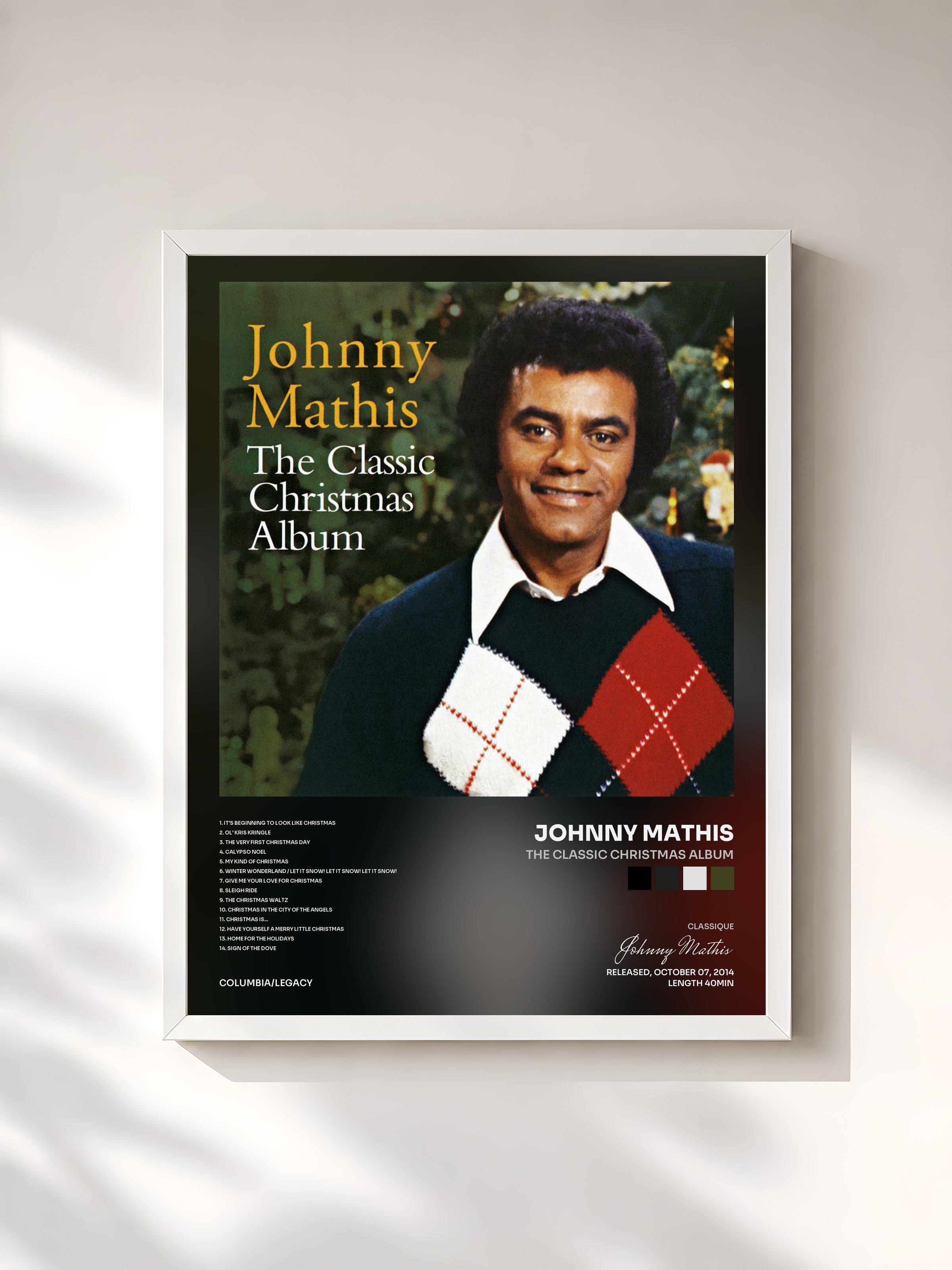 #blanc Tableau de l'album The Classic Christmas Album de Johnny Mathis, cadre blanc, imprimé et encadré en France