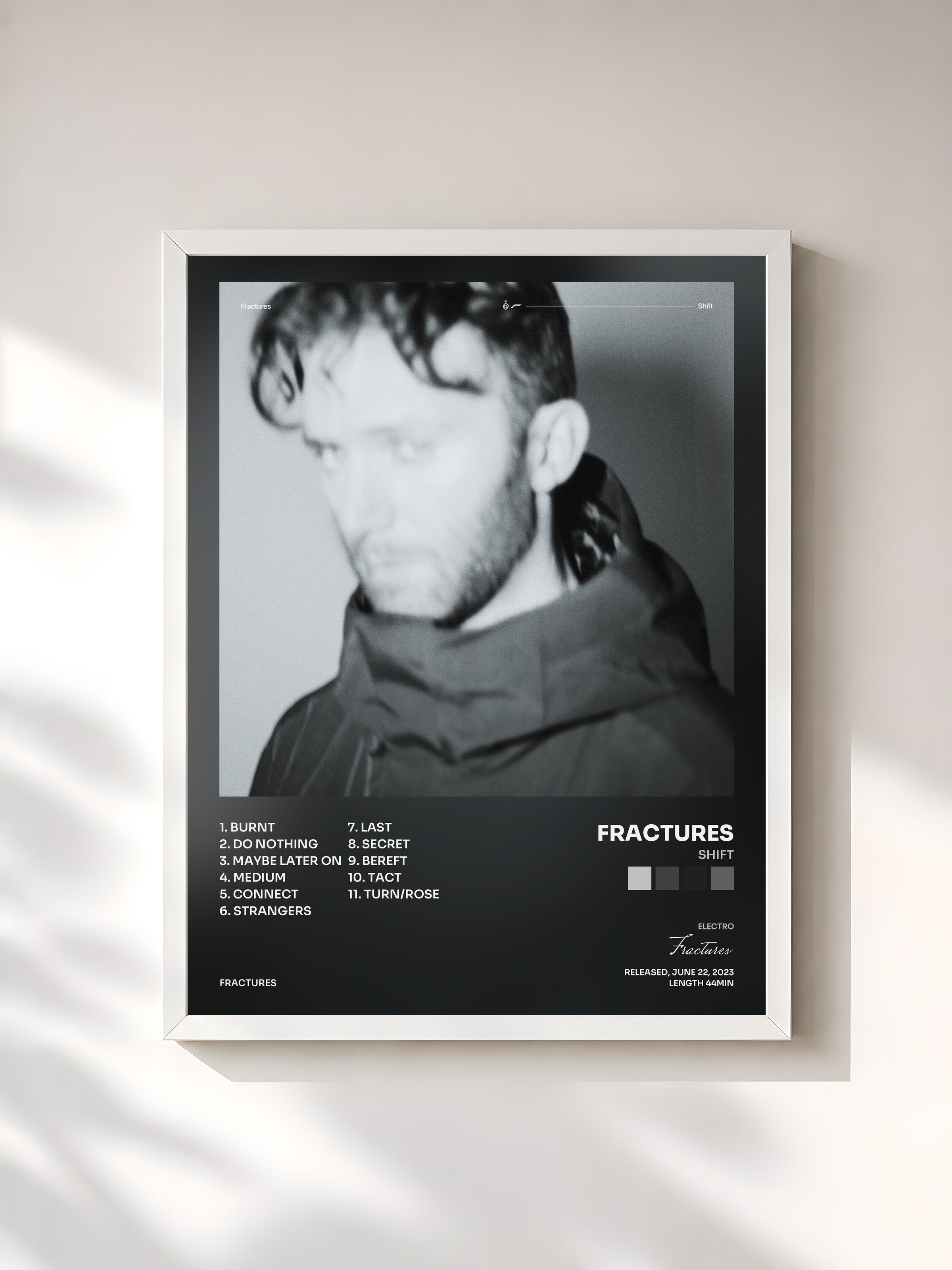 #blanc Tableau de l'album Shift de Fractures, cadre blanc, imprimé et encadré en France