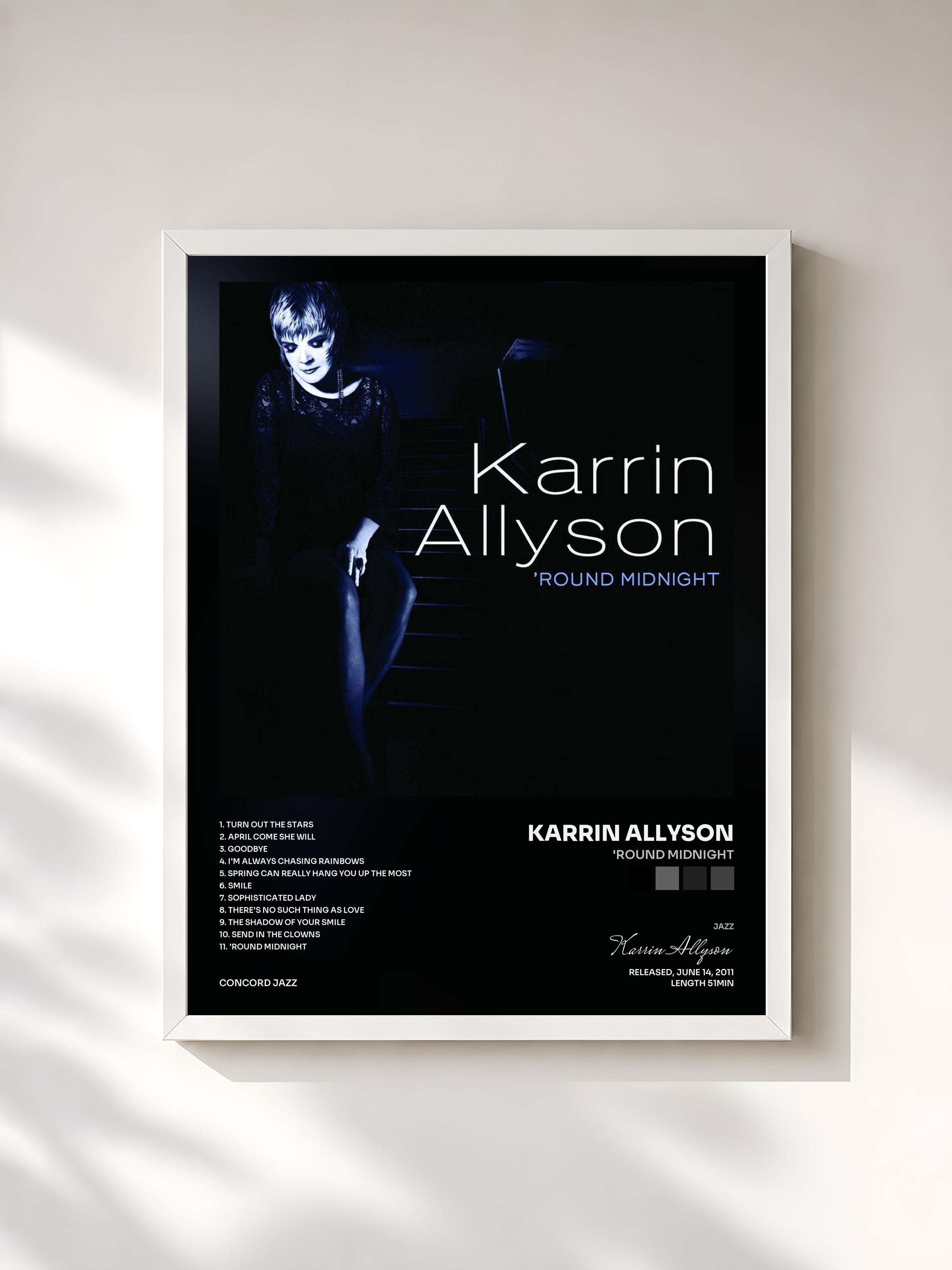#blanc Tableau de l'album 'Round Midnight de Karrin Allyson, cadre blanc, imprimé et encadré en France