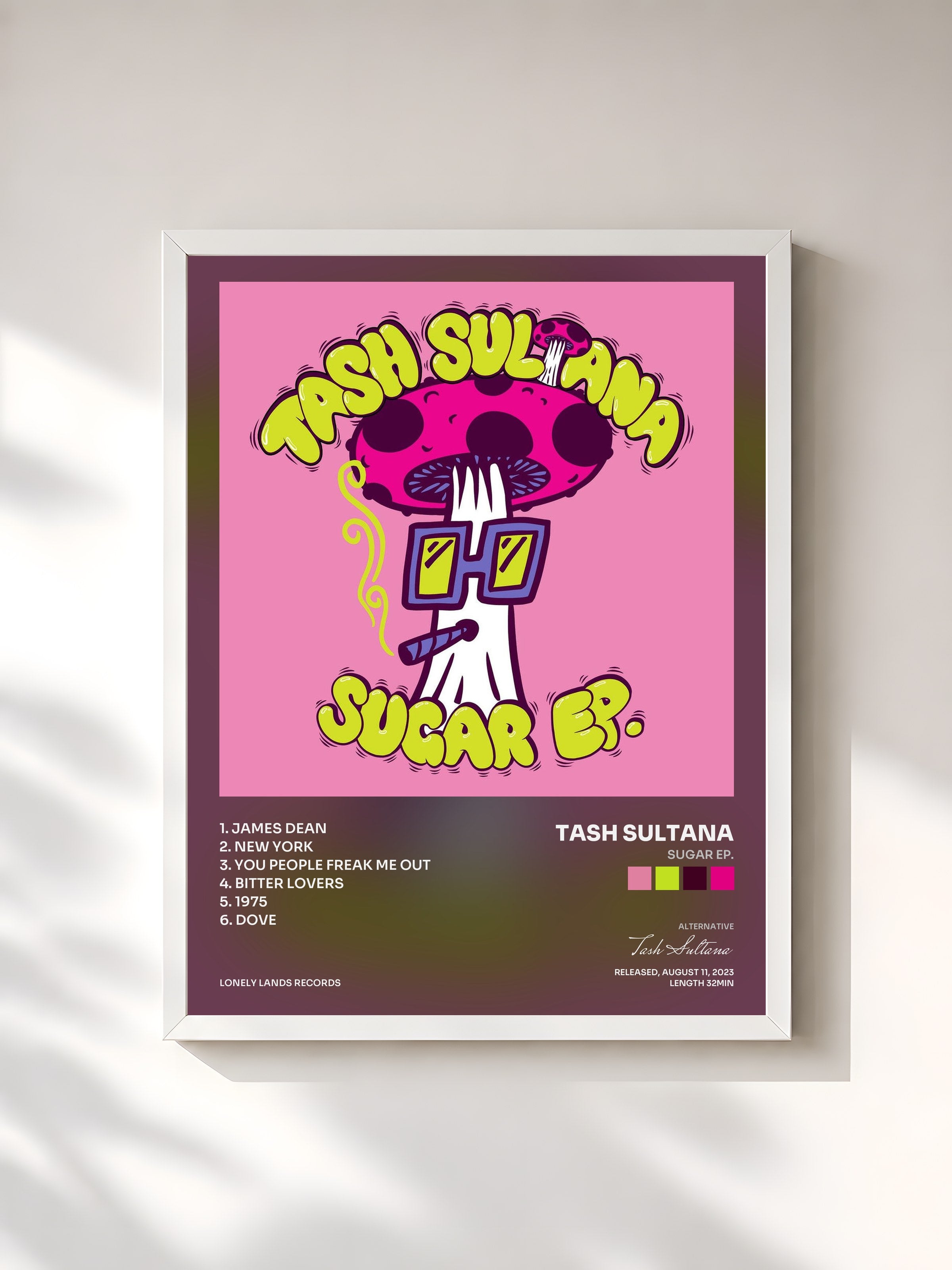 #blanc Tableau de l'album SUGAR EP. de Tash Sultana, cadre blanc, imprimé et encadré en France