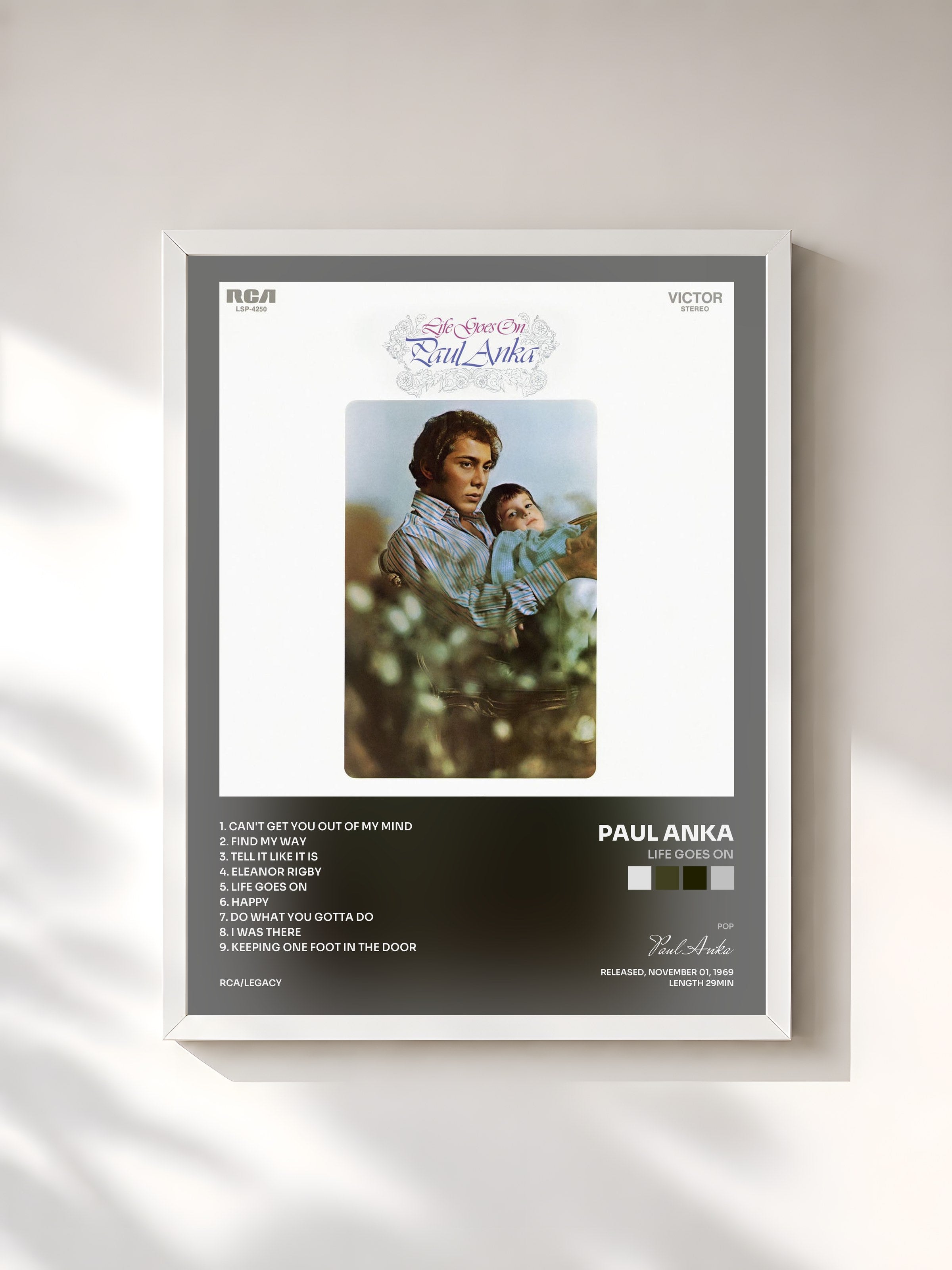 #blanc Tableau de l'album Life Goes On de Paul Anka, cadre blanc, imprimé et encadré en France