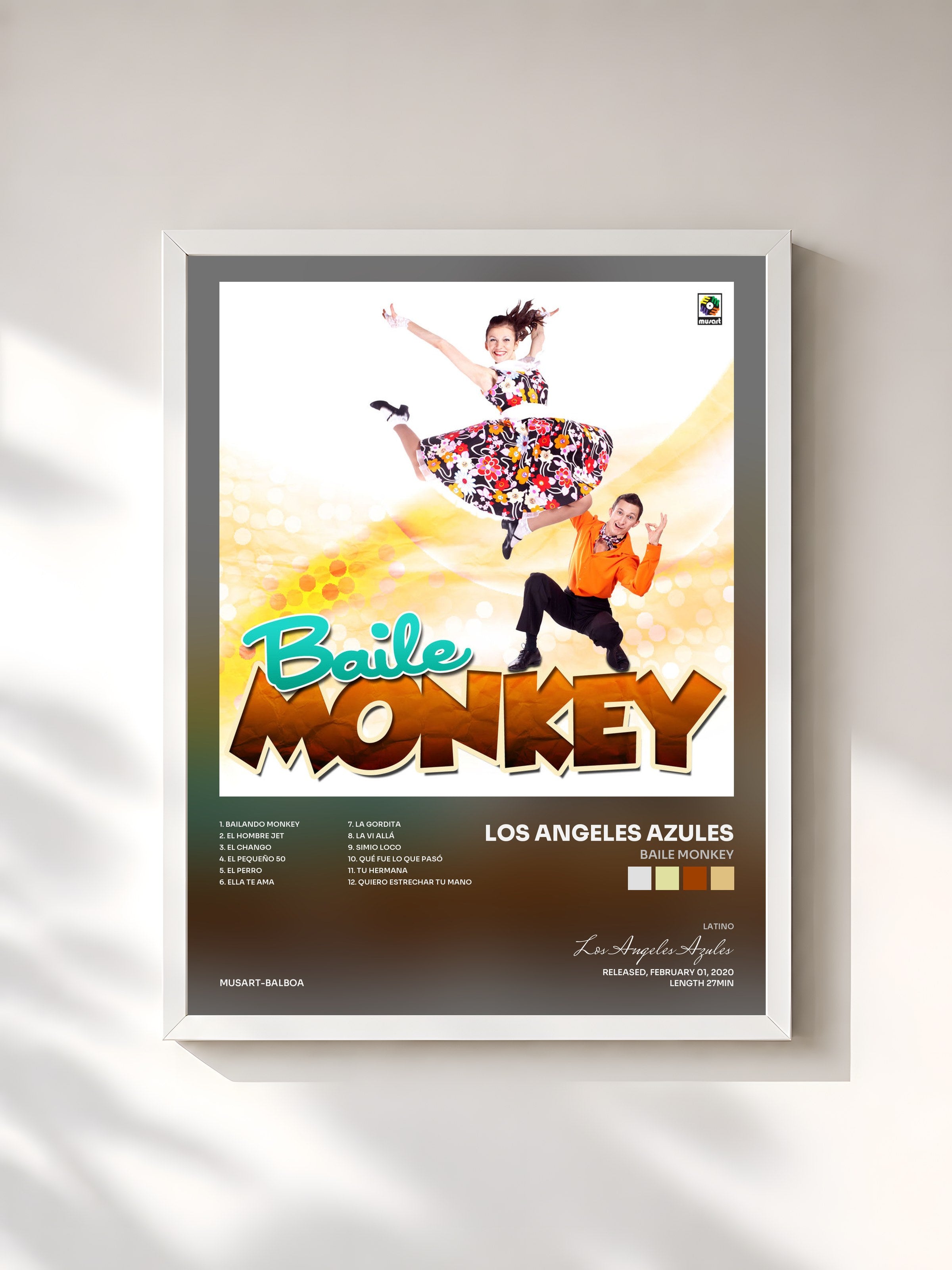#blanc Tableau de l'album Baile Monkey de Los Angeles Azules, cadre blanc, imprimé et encadré en France