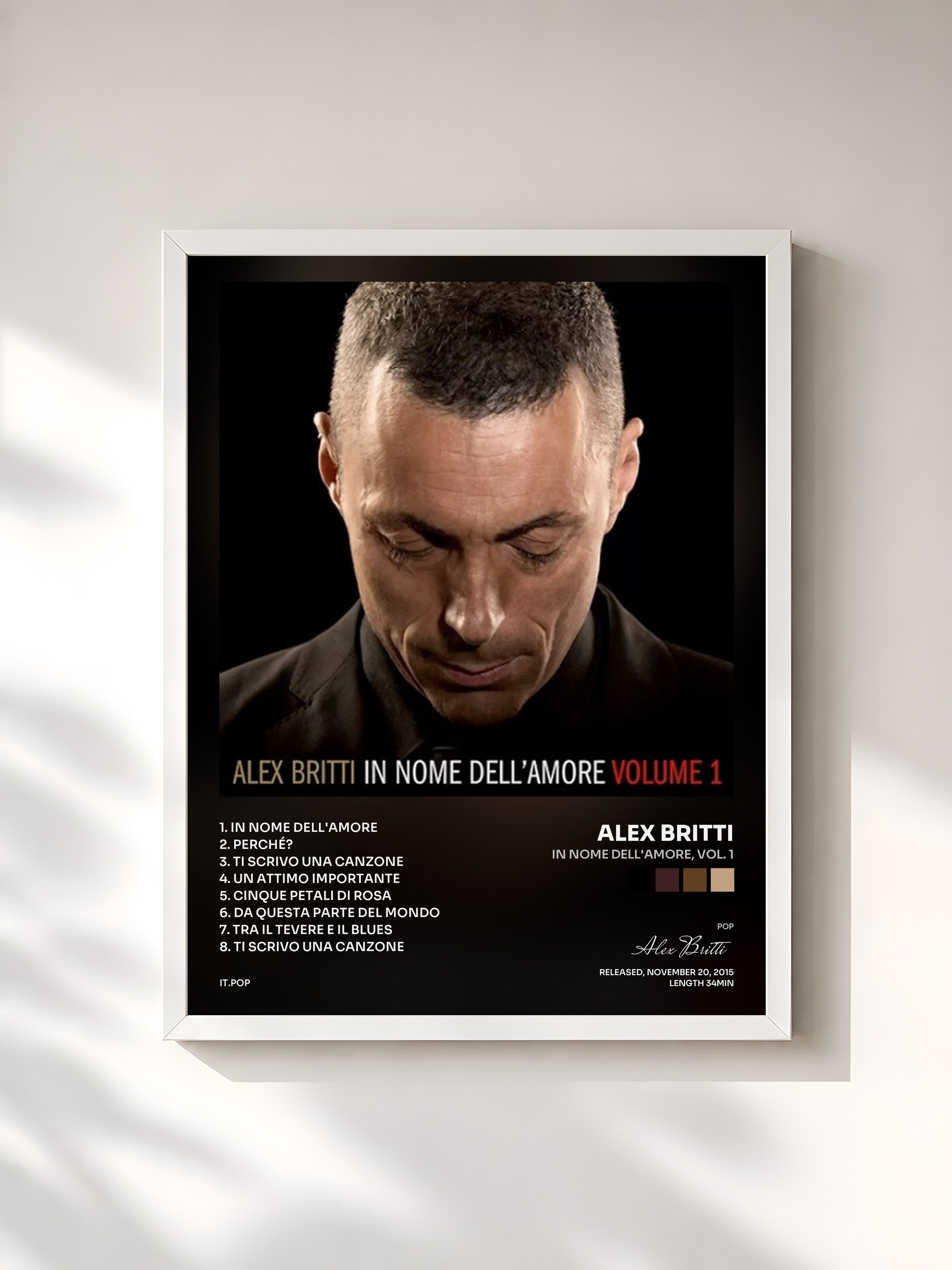 #blanc Tableau de l'album In nome dell'amore, Vol. 1 de Alex Britti, cadre blanc, imprimé et encadré en France