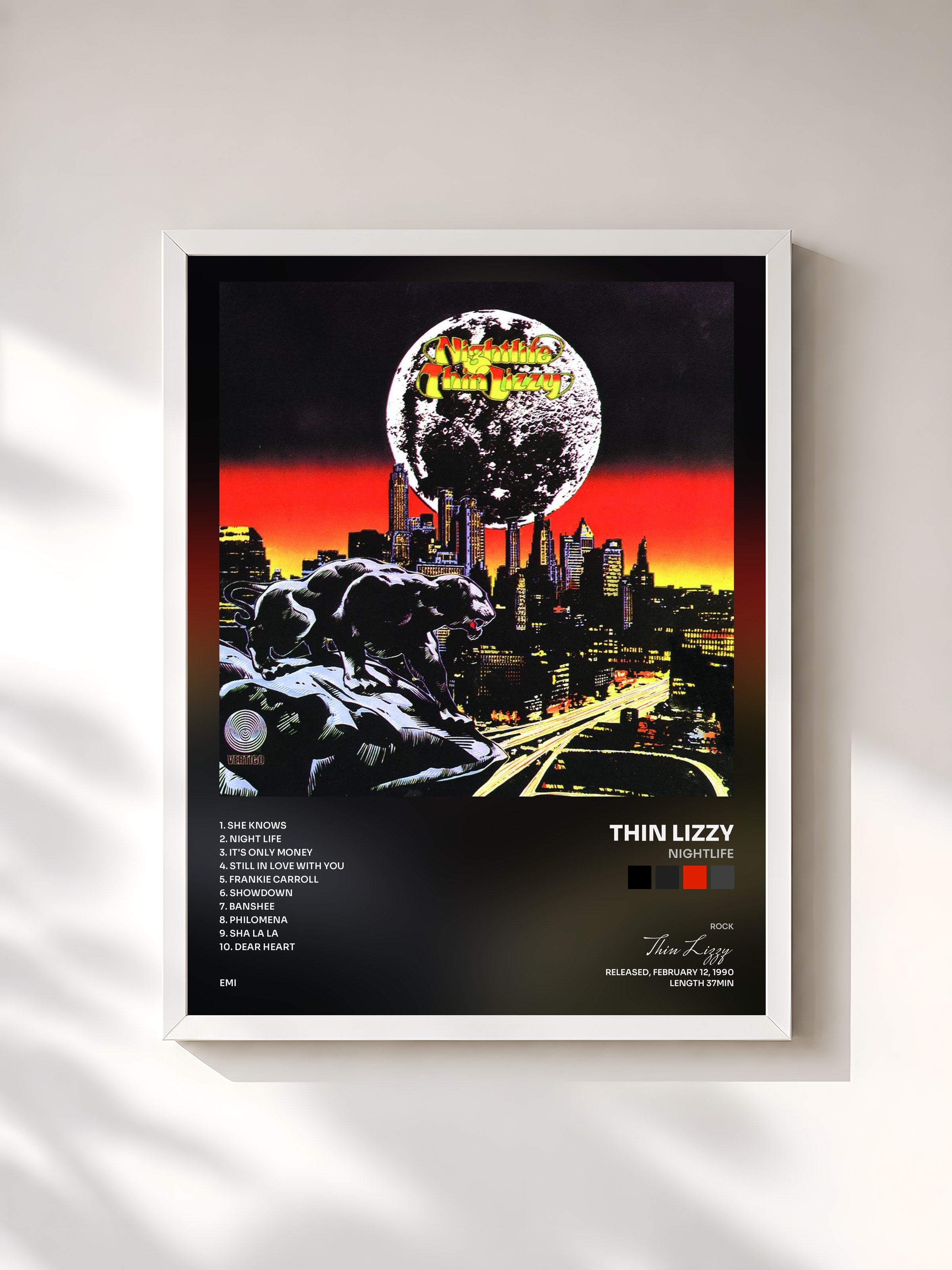 #blanc Tableau de l'album Nightlife de Thin Lizzy, cadre blanc, imprimé et encadré en France