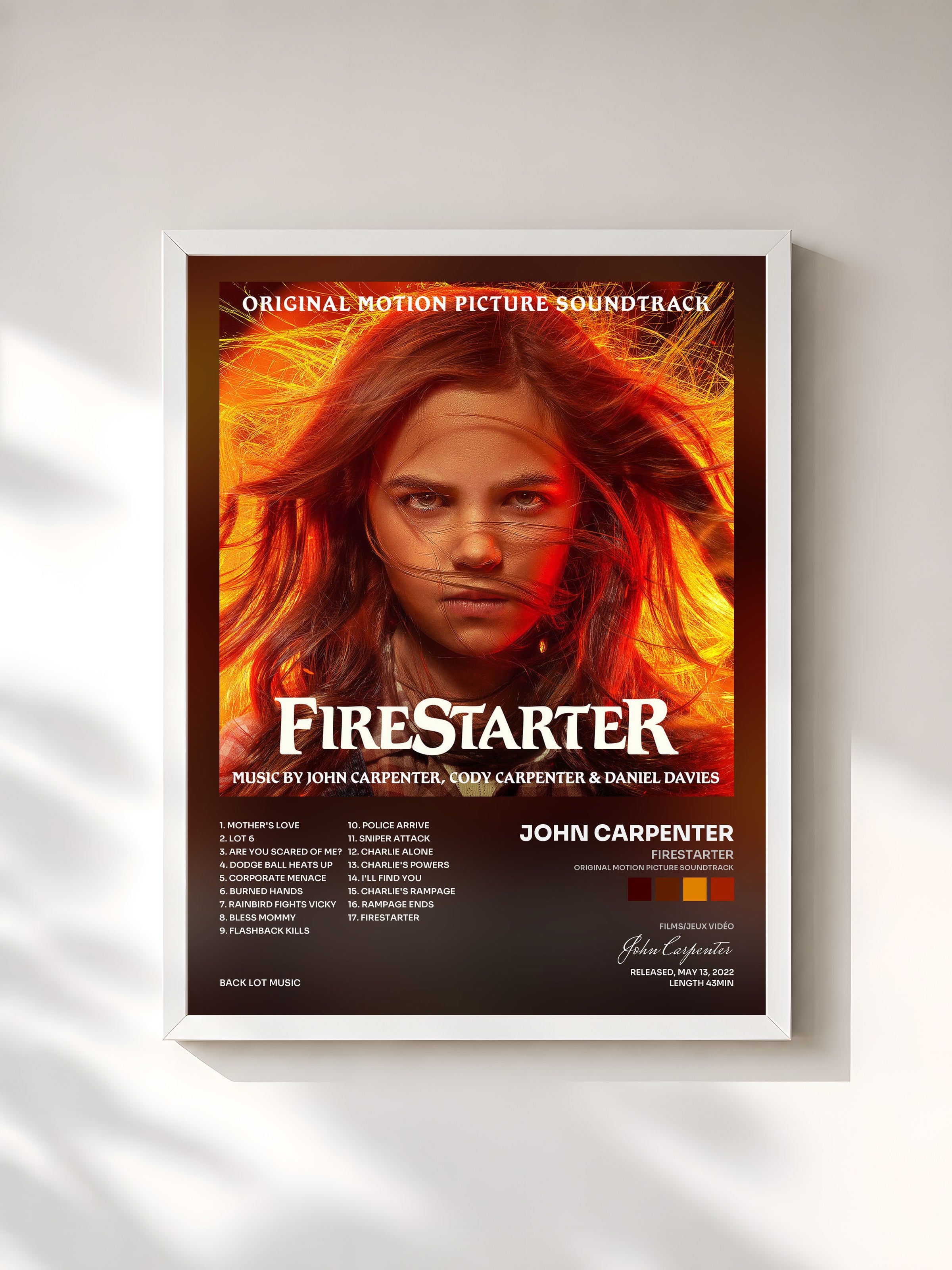 #blanc Tableau de l'album Firestarter (Original Motion Picture Soundtrack) de John Carpenter, cadre blanc, imprimé et encadré en France