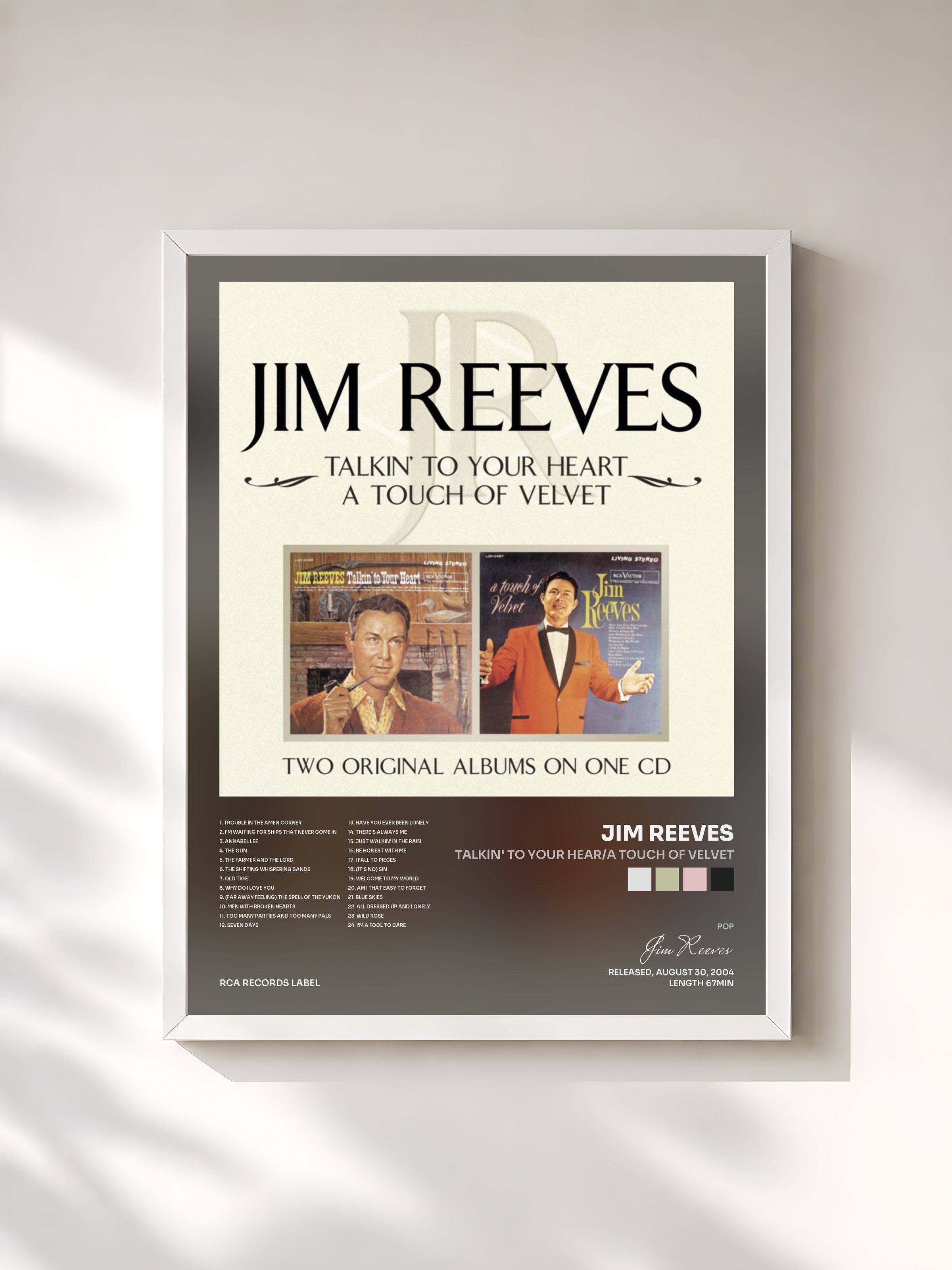 #blanc Tableau de l'album Talkin' To Your Hear/A Touch of Velvet de Jim Reeves, cadre blanc, imprimé et encadré en France