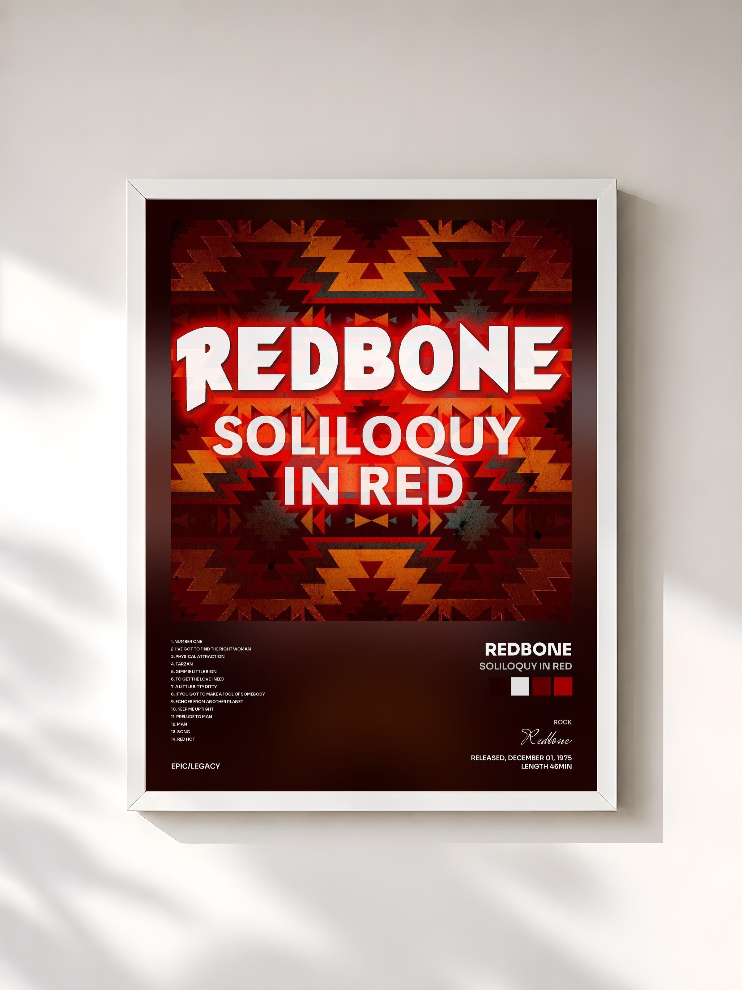 #blanc Tableau de l'album Soliloquy In Red de Redbone, cadre blanc, imprimé et encadré en France