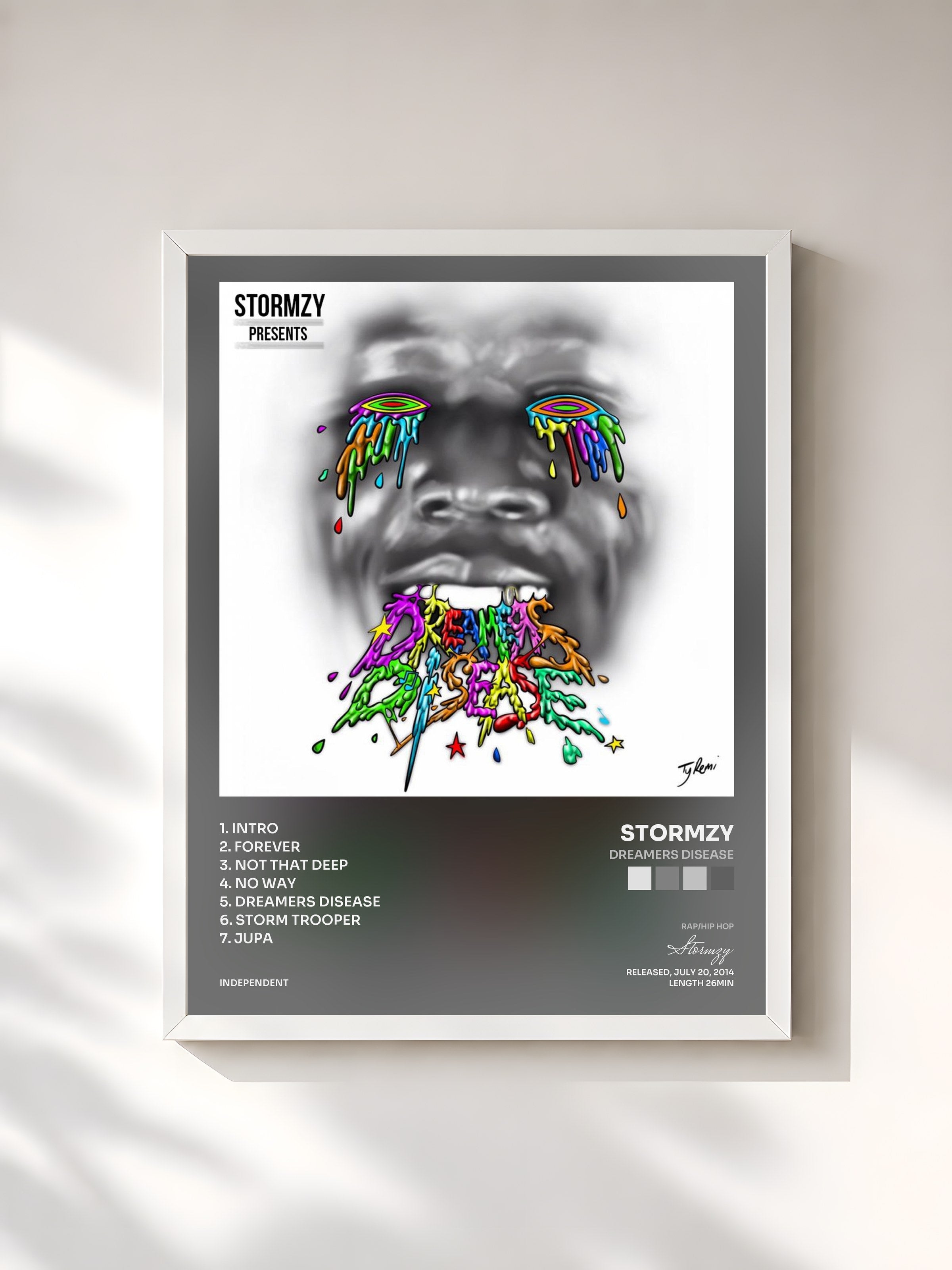 #blanc Tableau de l'album Dreamers Disease de Stormzy, cadre blanc, imprimé et encadré en France