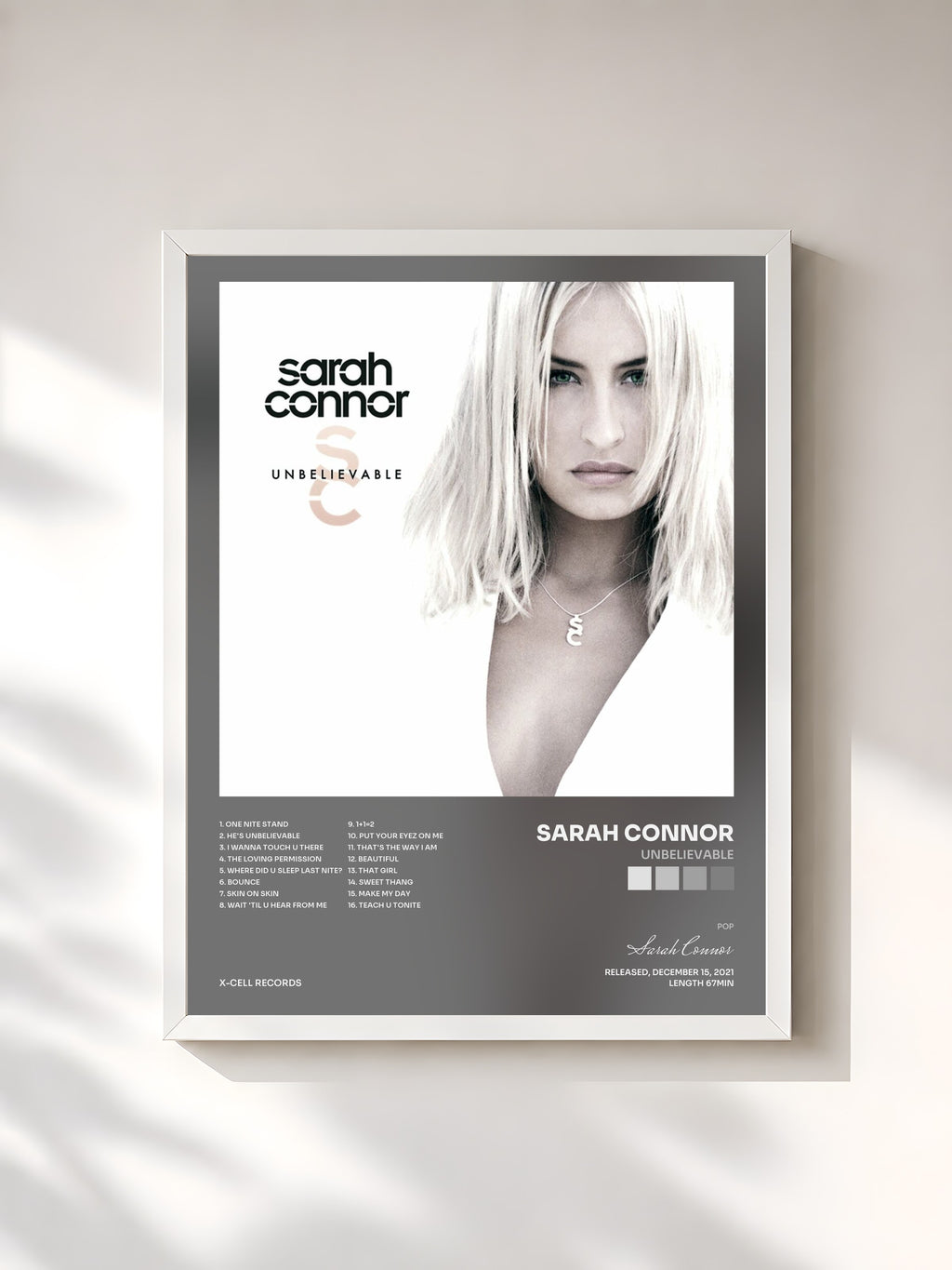 #blanc Tableau de l'album Unbelievable de Sarah Connor, cadre blanc, imprimé et encadré en France