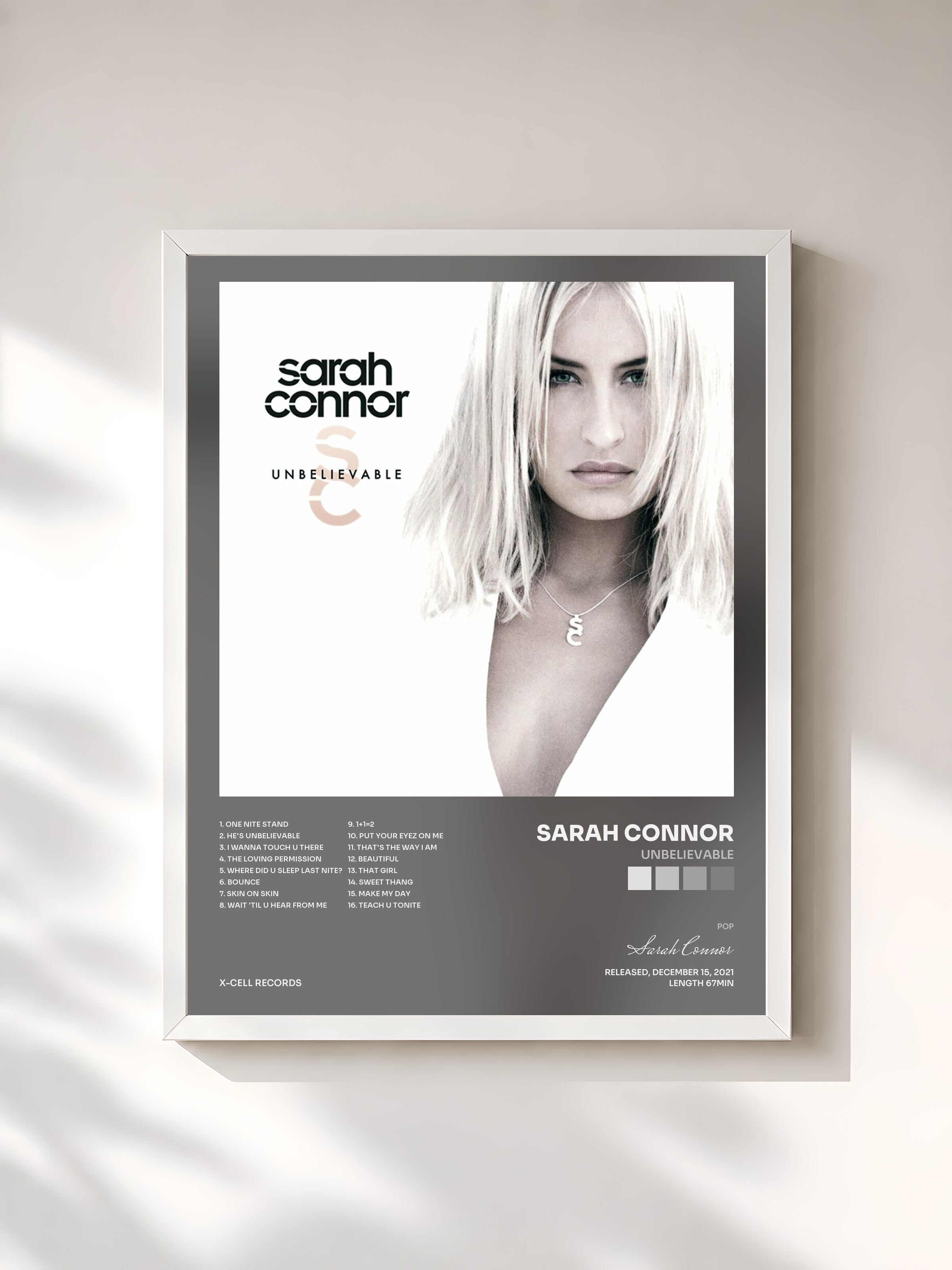 #blanc Tableau de l'album Unbelievable de Sarah Connor, cadre blanc, imprimé et encadré en France