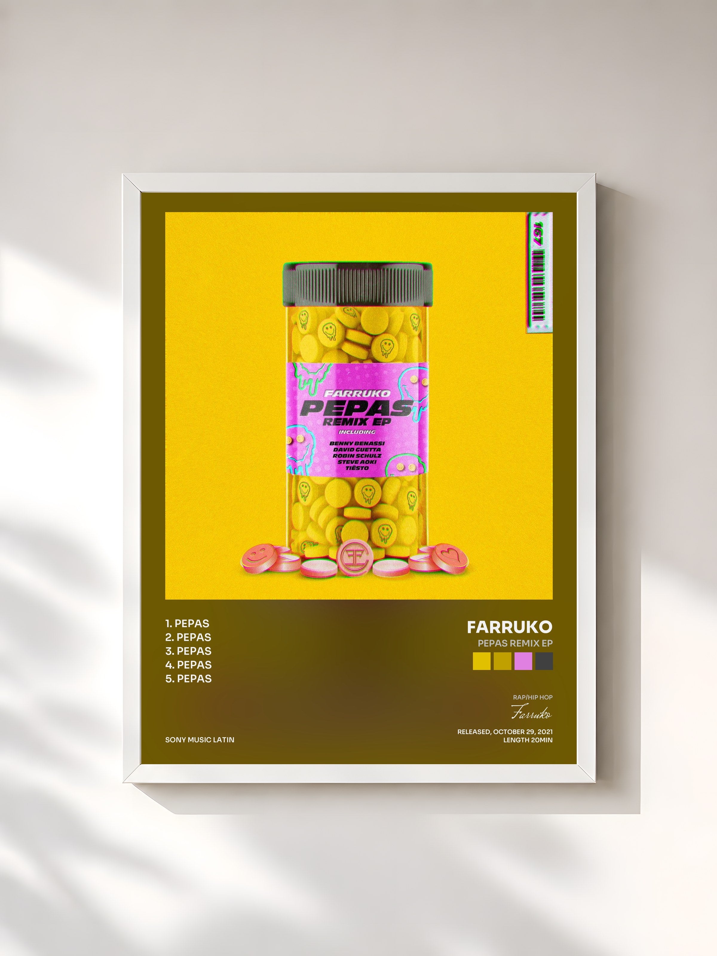 #blanc Tableau de l'album Pepas Remix EP de Farruko, cadre blanc, imprimé et encadré en France