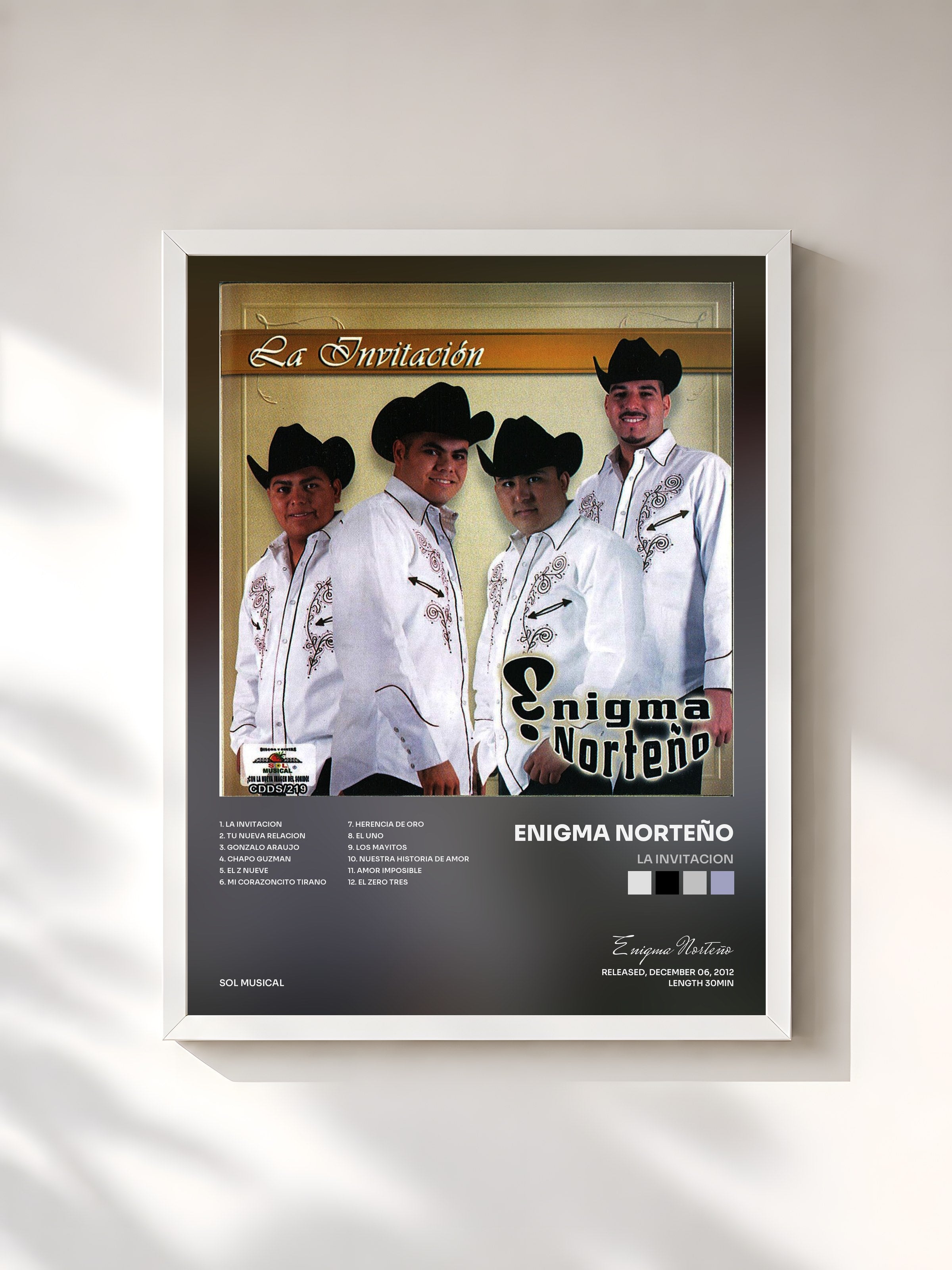 #blanc Tableau de l'album La Invitacion de Enigma Norteño, cadre blanc, imprimé et encadré en France