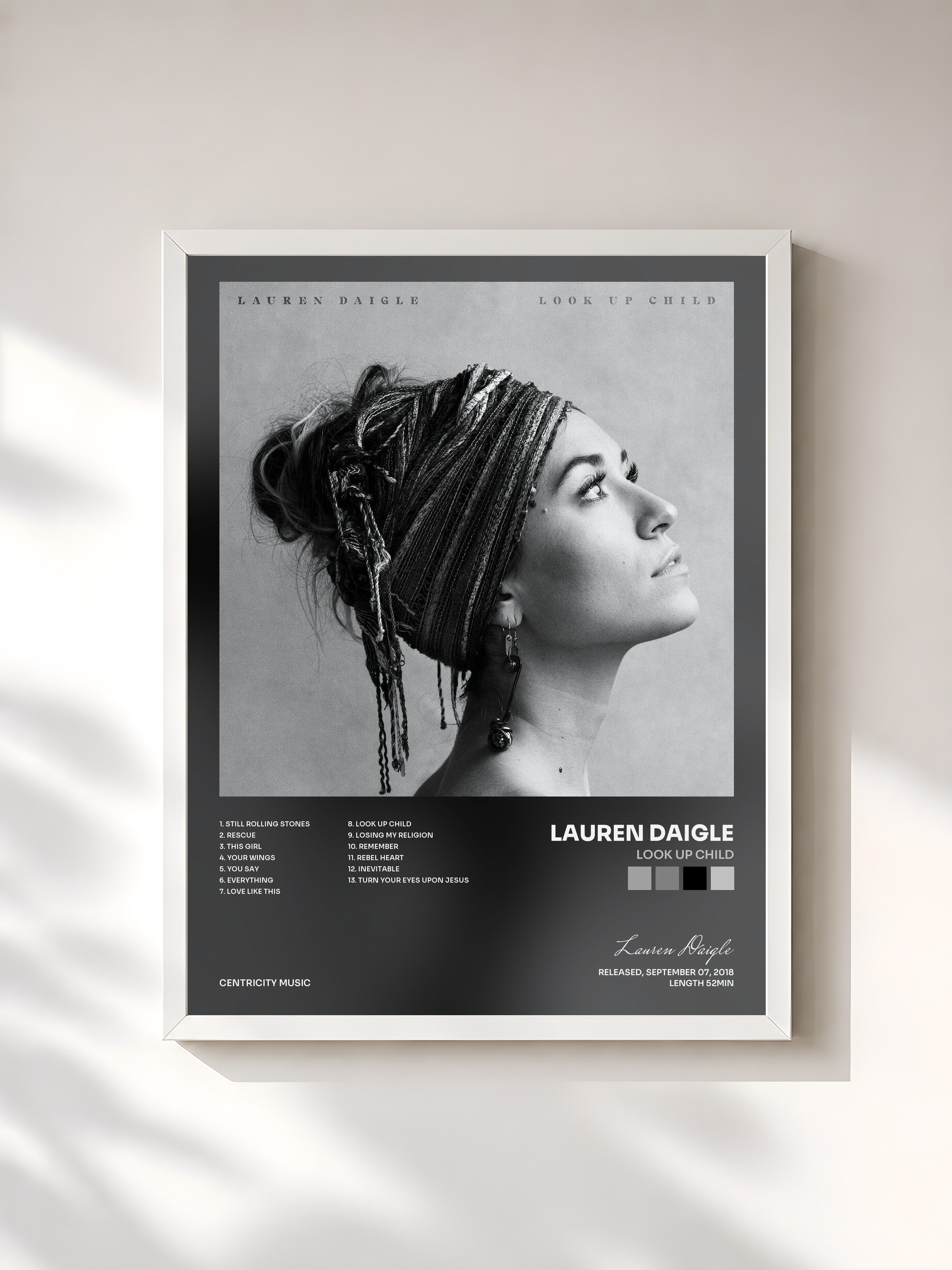 #blanc Tableau de l'album Look Up Child de Lauren Daigle, cadre blanc, imprimé et encadré en France